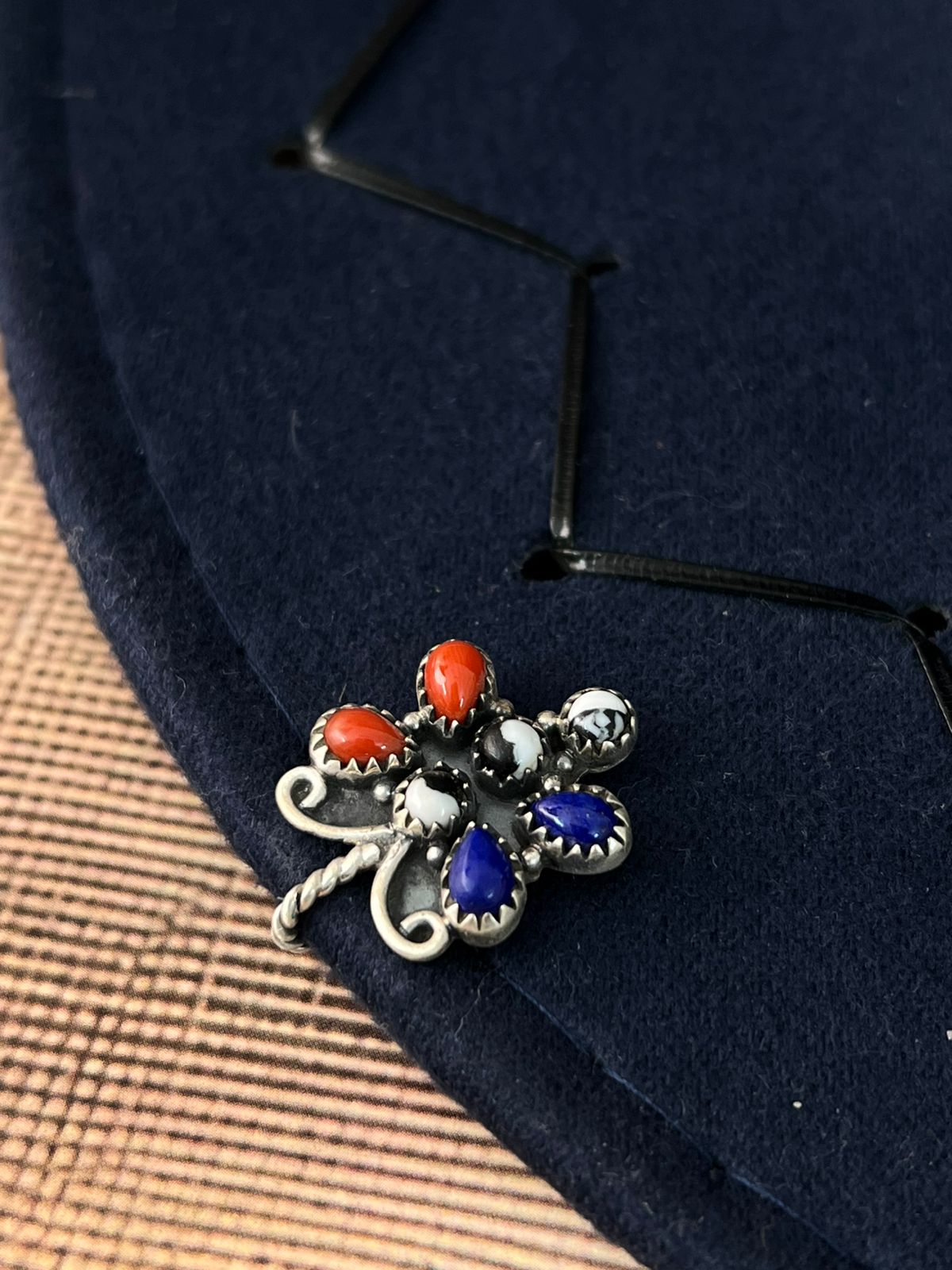 Handmade Sterling Silver 4th Of July Collection: Coral with Lapis and White Buffalo Butterfly Hat Pin "Signed Nizhoni"