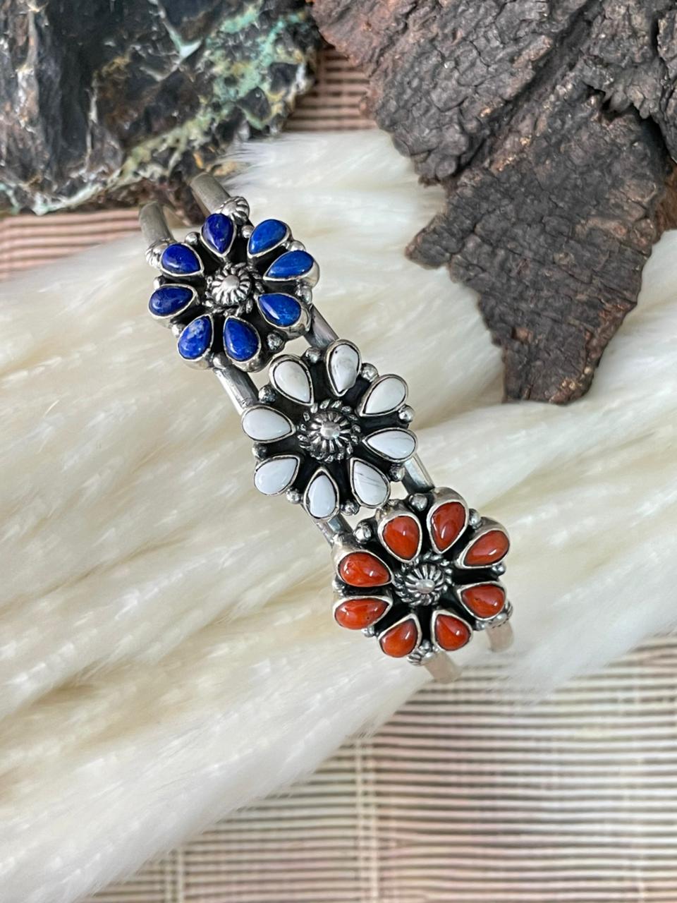 Handmade Sterling Silver 4th Of July Collection: Coral with Lapis and White Buffalo Cuff Bracelet "Signed Nizhoni"