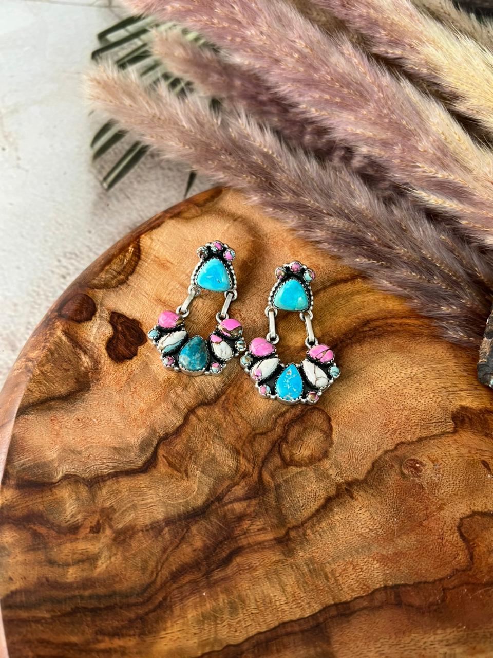 Handmade Sterling Silver Sierra Bella Turquoise with Cotton Candy Collection: Post Dangle Earrings "Signed Nizhoni"