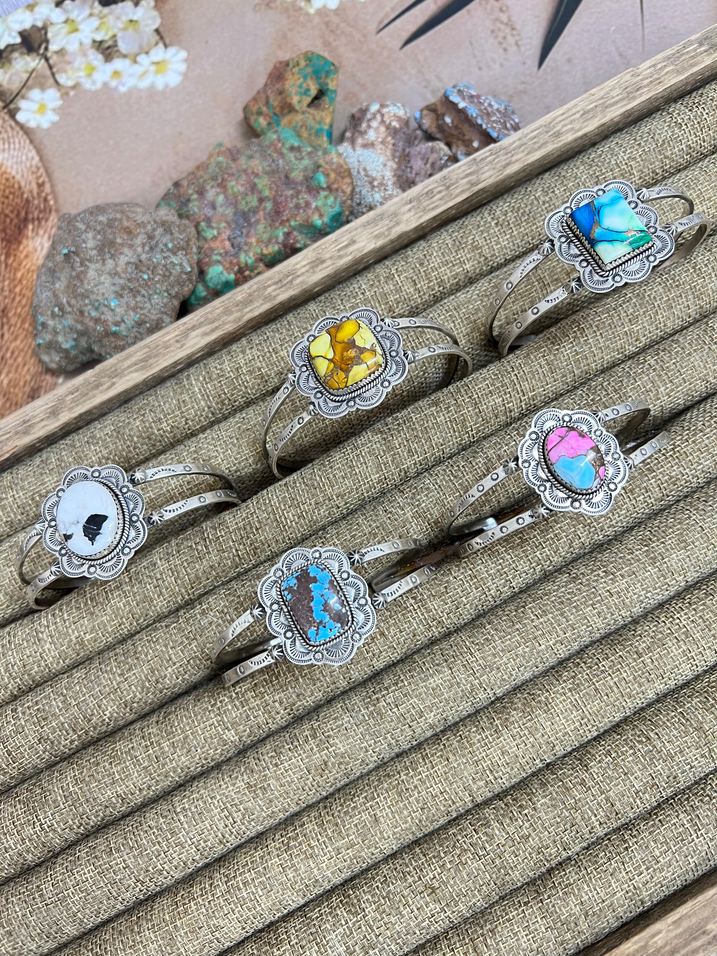 Handmade Sterling Silver Multi Stone Cuff Bracelet, Signed Nizhoni