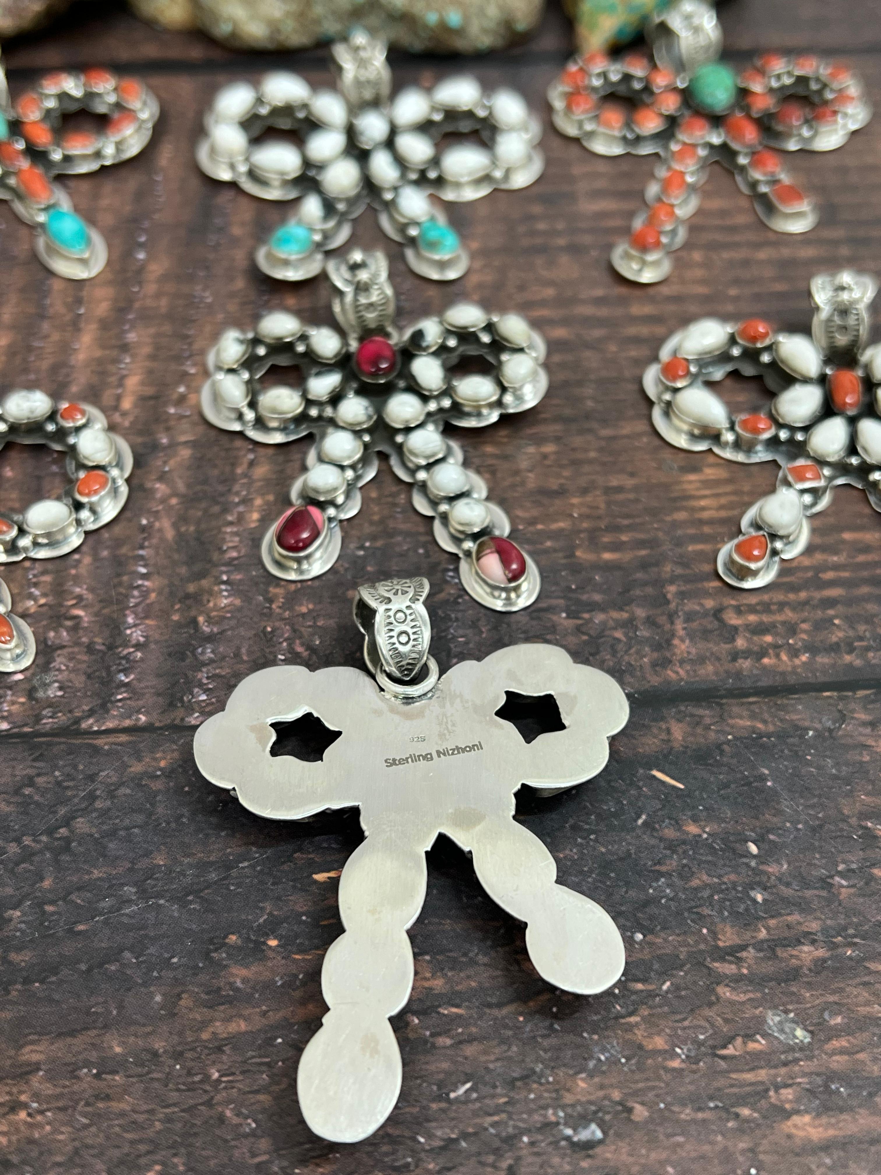 Handmade Sterling Silver Multi Stones Pendant, Signed Nizhoni