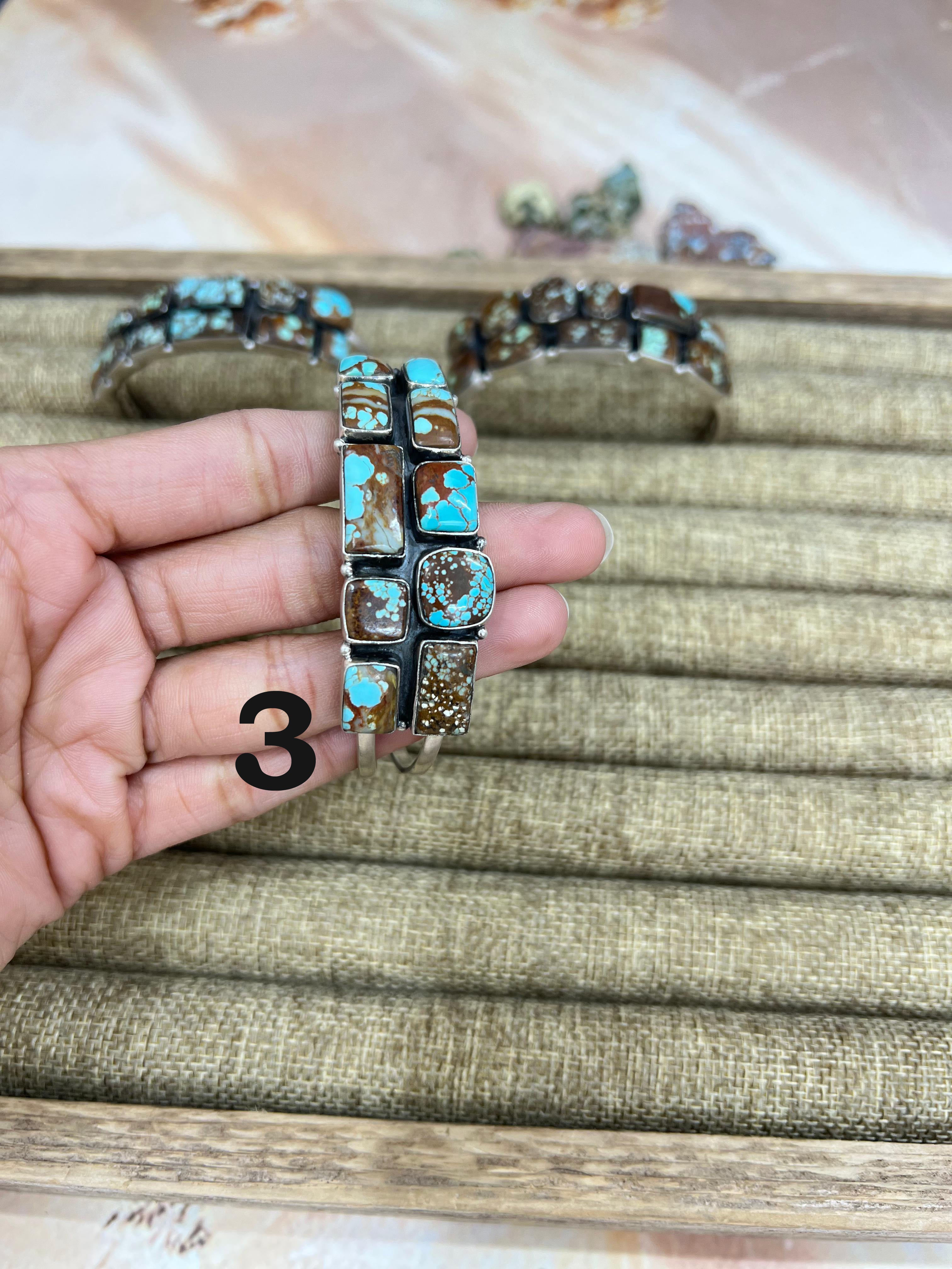 Handmade Sterling Silver Number 8 Turquoise Cuff Bracelet with Signed Nizhoni