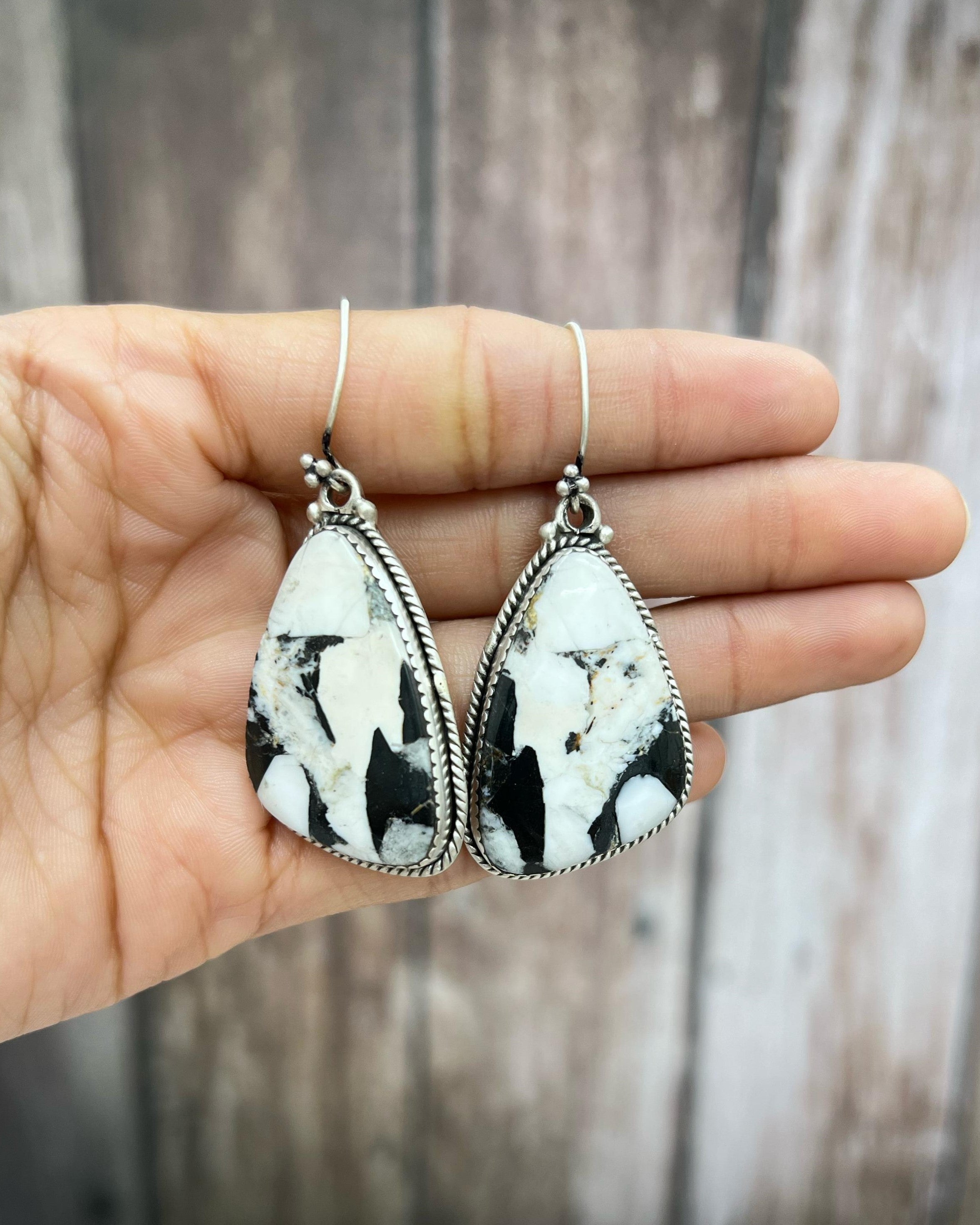 Handmade Sterling Silver White Buffalo Turquoise Hook Earrings with Signed Nizhoni