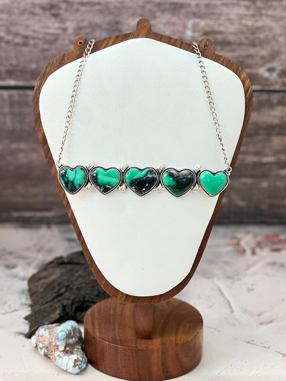 Handmade Sterling Silver Emerald Rose Heart Necklace "Signed Nizhoni"