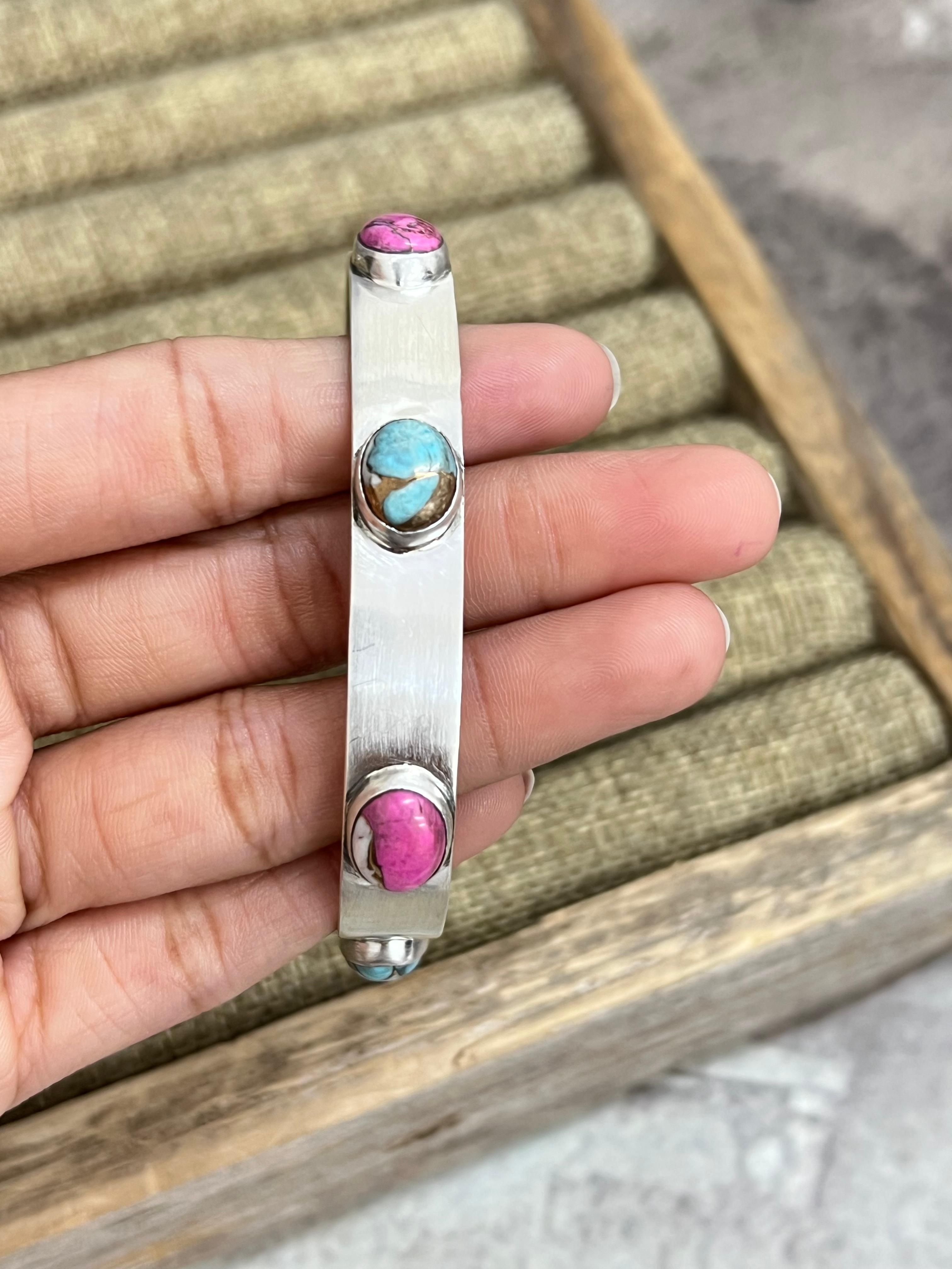 Handmade Sterling Silver Multi Stones Bracelet with Signed Nizhoni