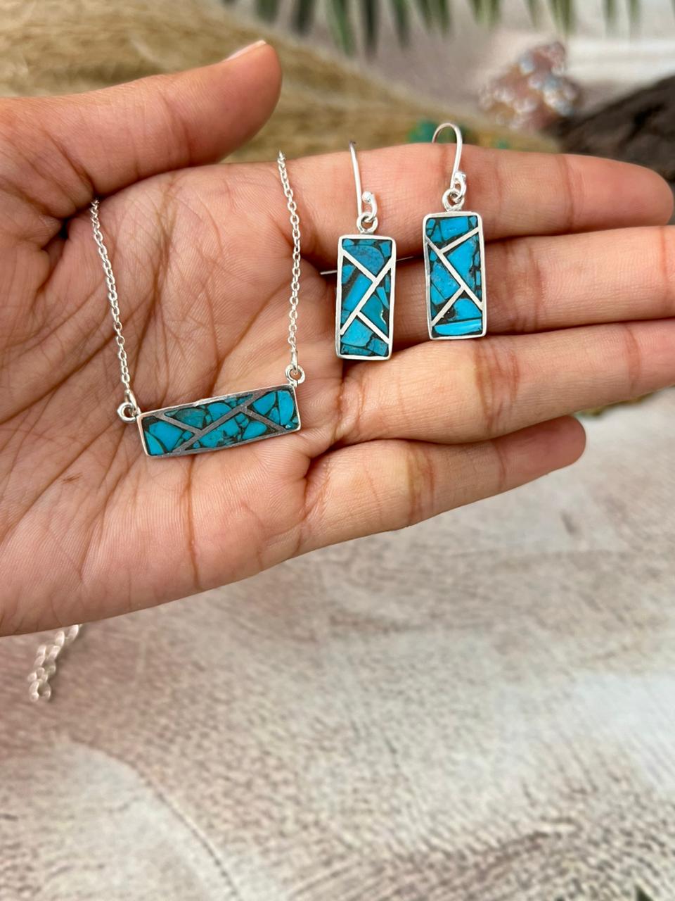 Handmade Sterling Silver Multi Stone INLAY Necklace Earrings Set "Signed Nizhoni"