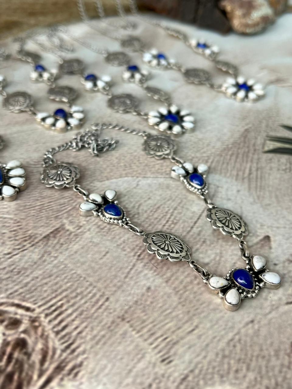 Handmade Sterling Silver Lapis with White Buffalo Necklace "Signed Nizhoni"