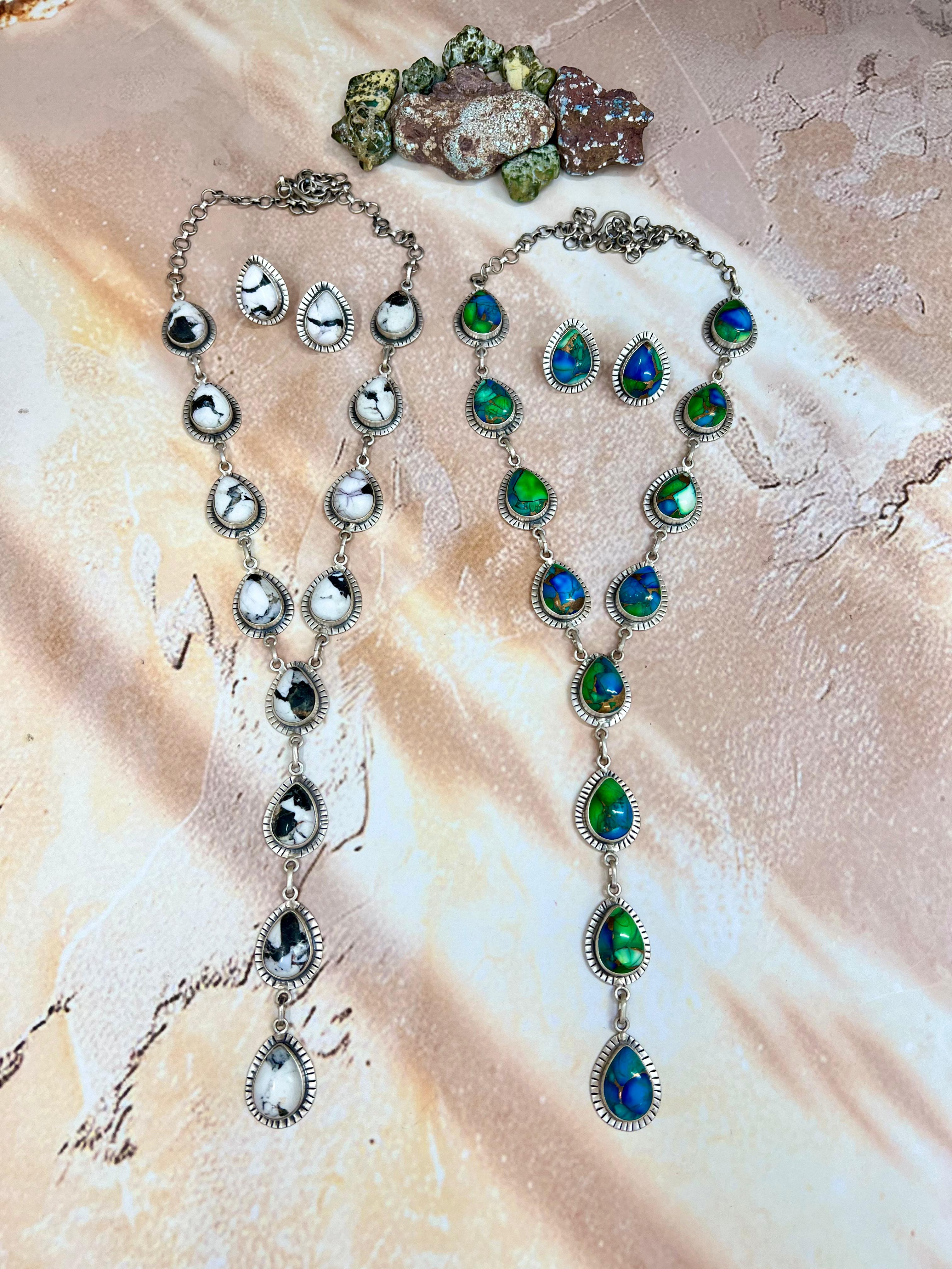 Handmade Sterling Silver White Buffalo Turquoise, Peacock Dahlia Necklace Earrings Set, Signed Nizhoni