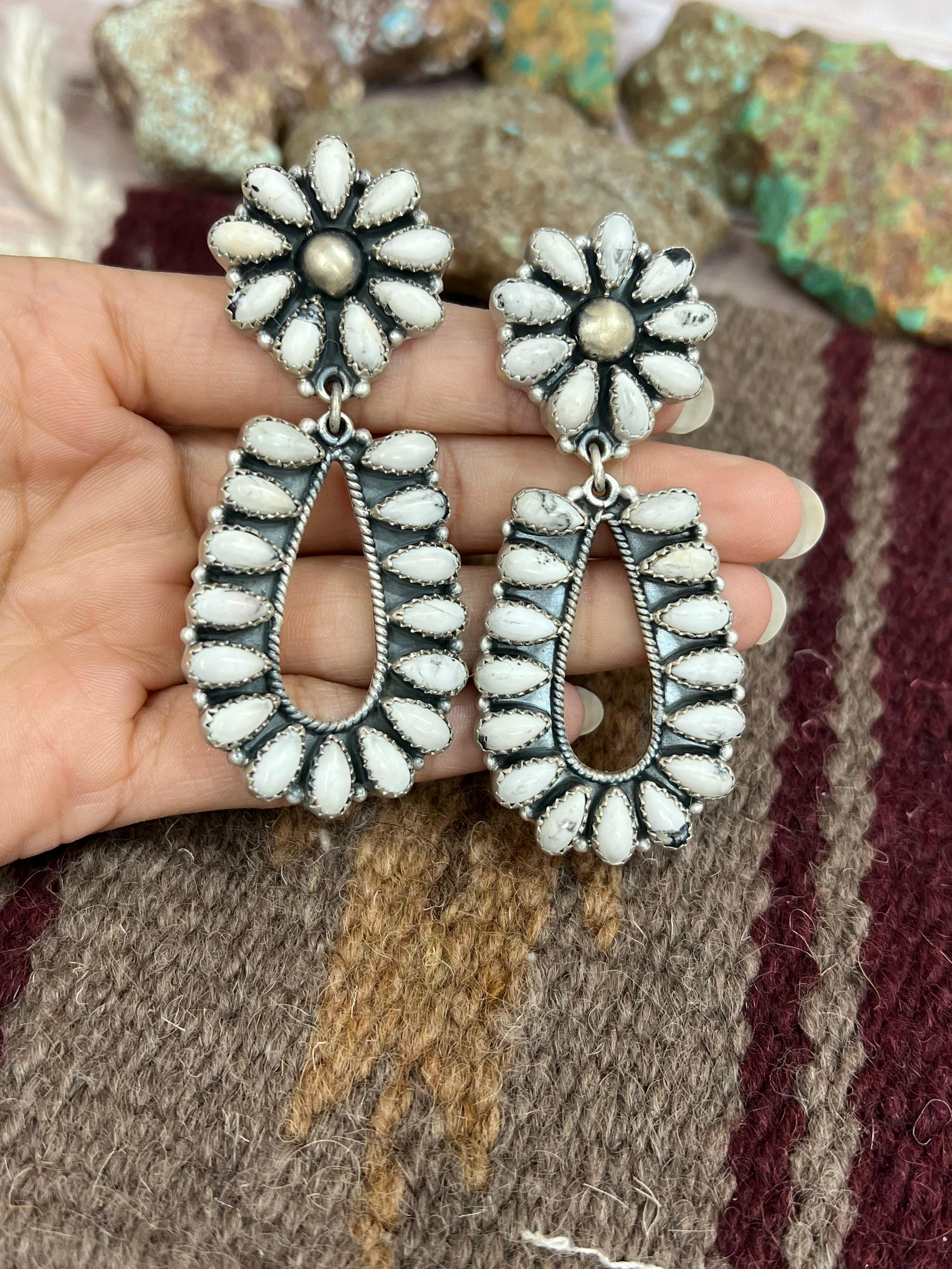 Handmade Sterling Silver White Buffalo, Dahlia Rose, Cotton Candy Turquoise Dangle Earrings, Signed Nizhoni