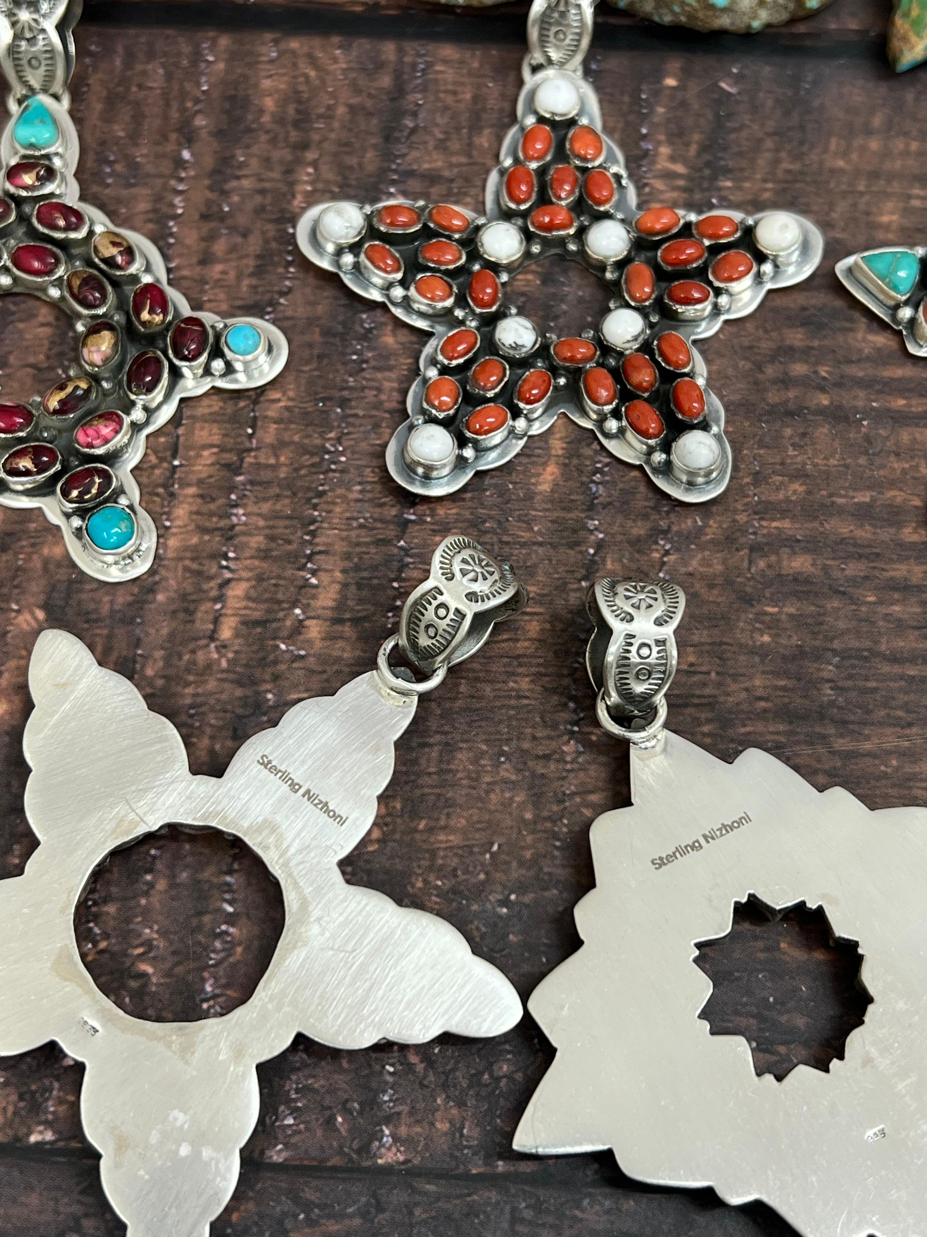 Handmade Sterling Silver Multi Stones Star Pendant, Signed Nizhoni