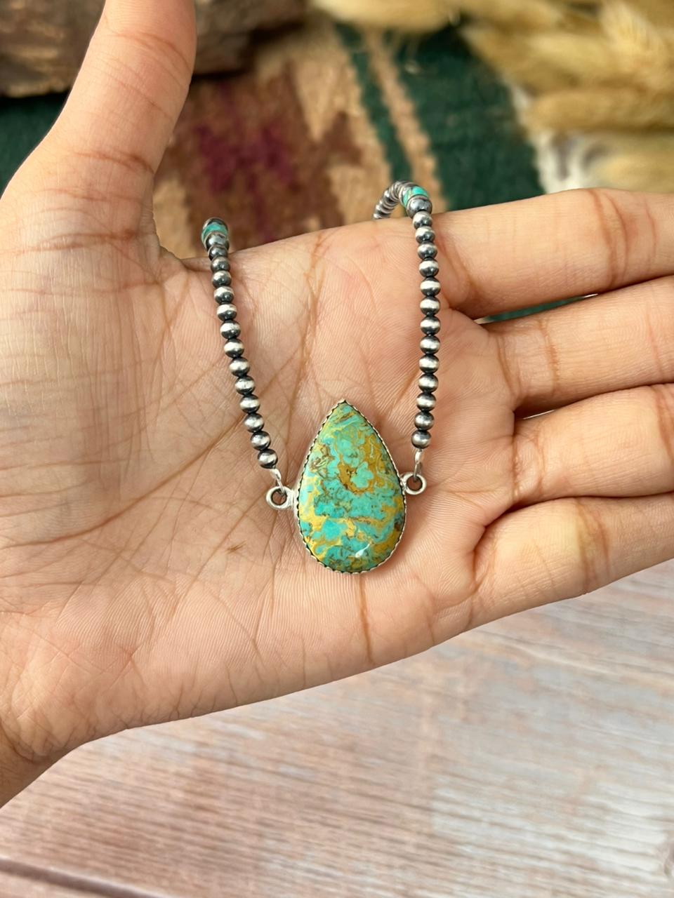 Handmade Sterling Silver Royston Ribbon Turquoise Beaded Necklace "Signed Nizhoni"