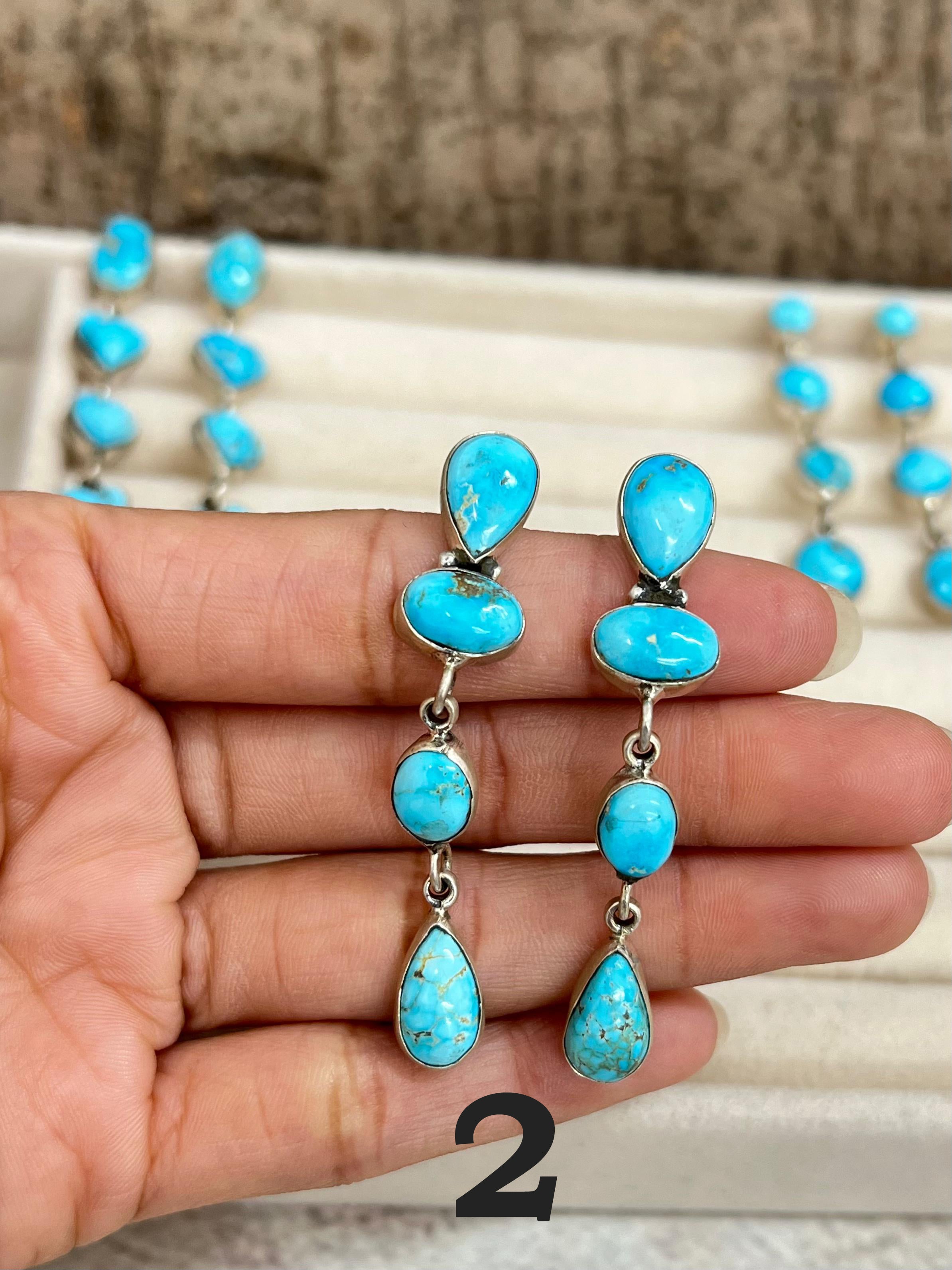 Handmade Sterling Silver Blue Bird Turquoise Dangle Earrings with Signed Nizhoni