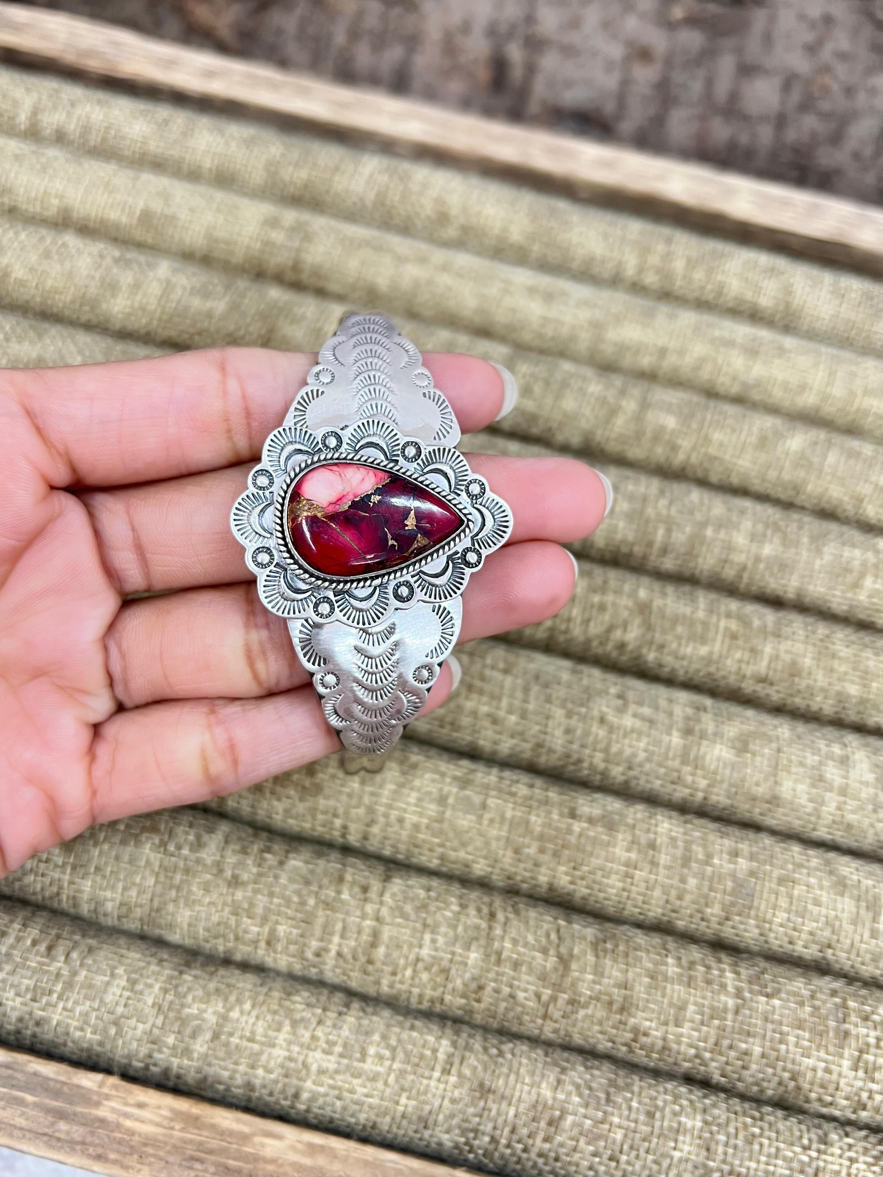 Handmade Sterling Silver Dahlia Rose Cuff Bracelet with Signed Nizhoni