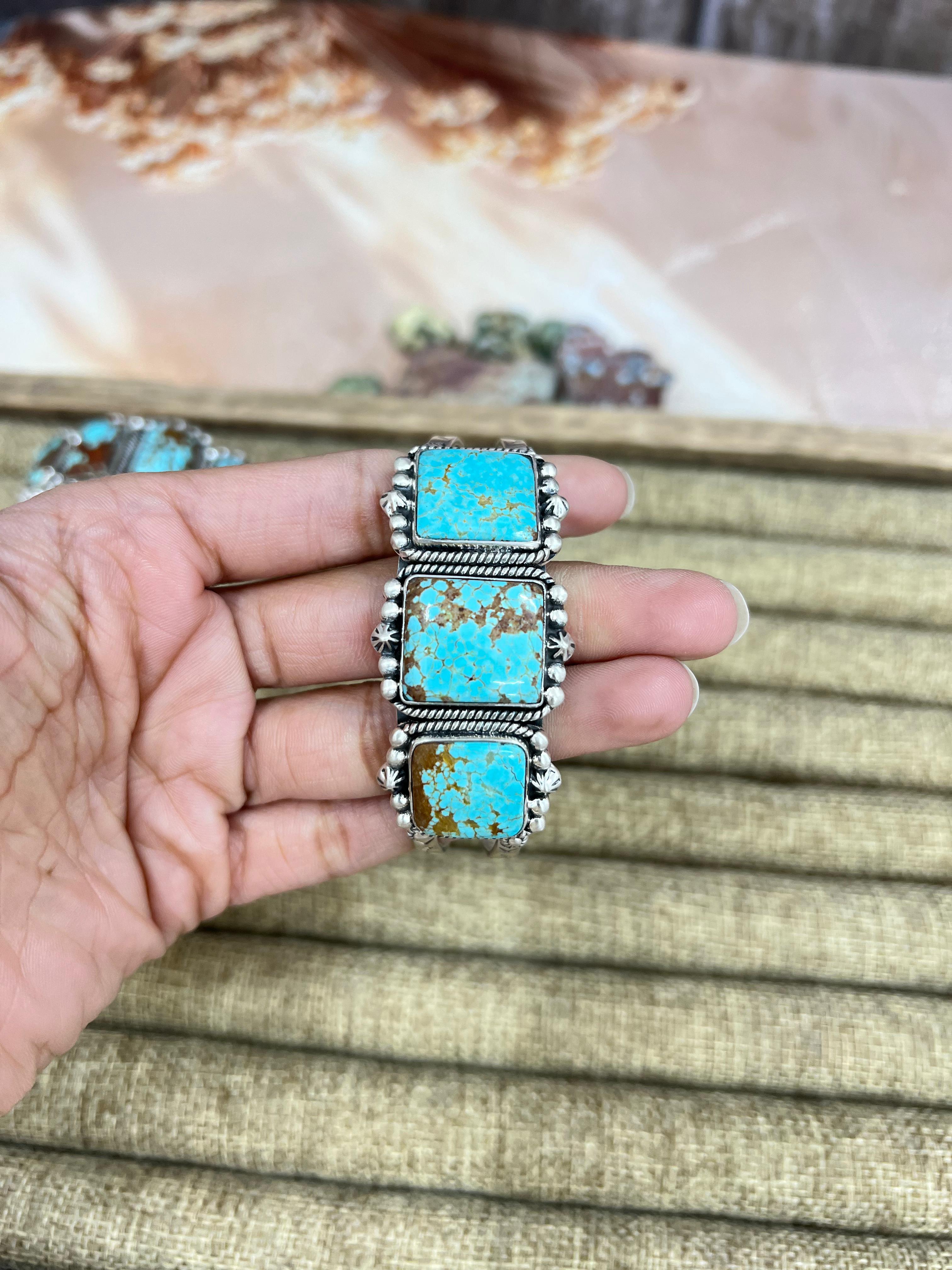 Handmade Sterling Silver Number 8 Turquoise Cuff Bracelet with Signed Nizhoni