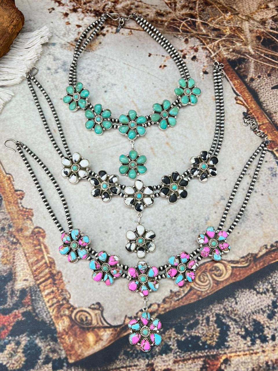 Handmade Sterling Silver Beaded Multi Stone Necklace "Signed Nizhoni"