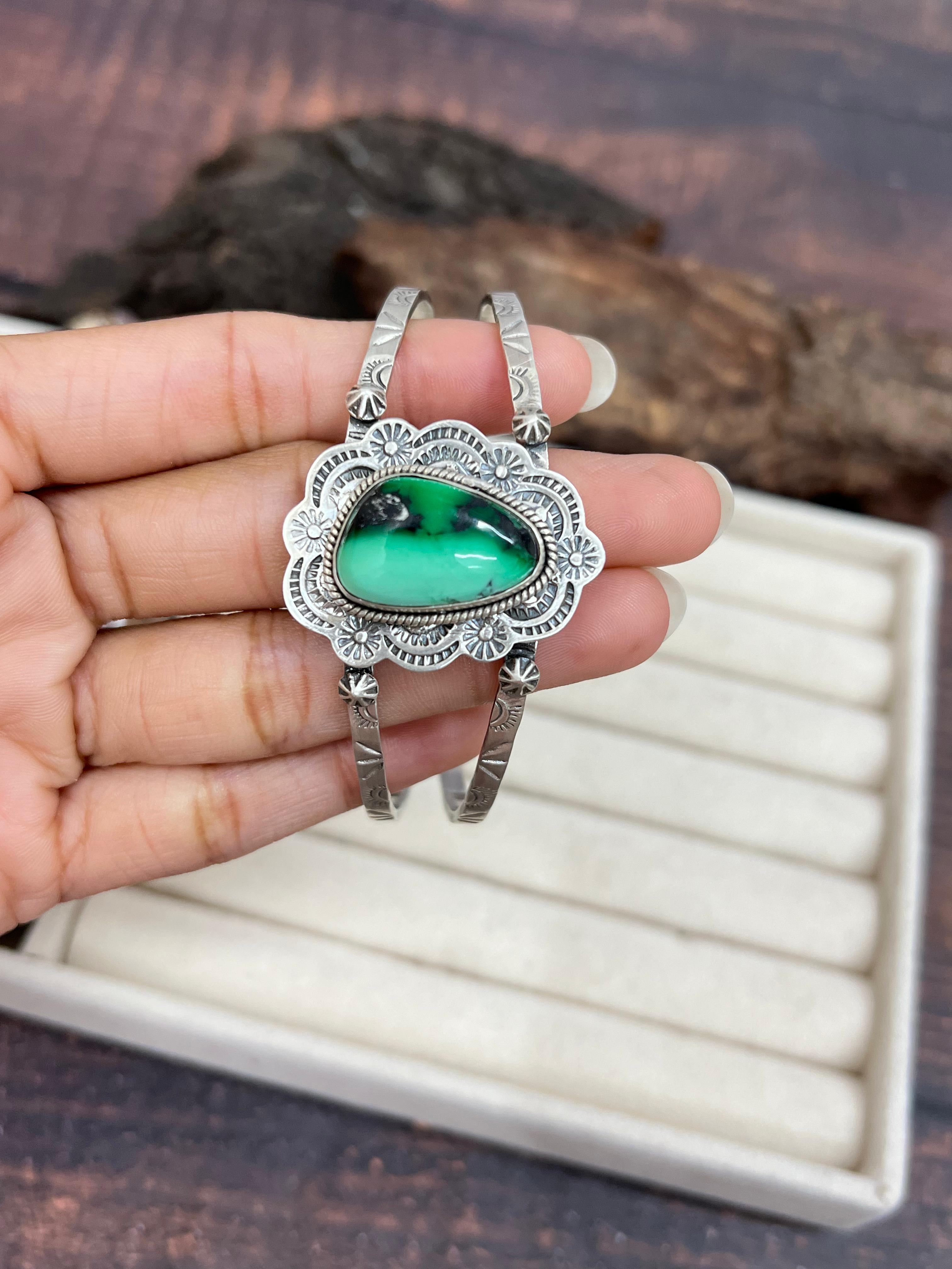 Handmade Sterling Silver Emerald Rose Cuff Bracelet with Signed Nizhoni