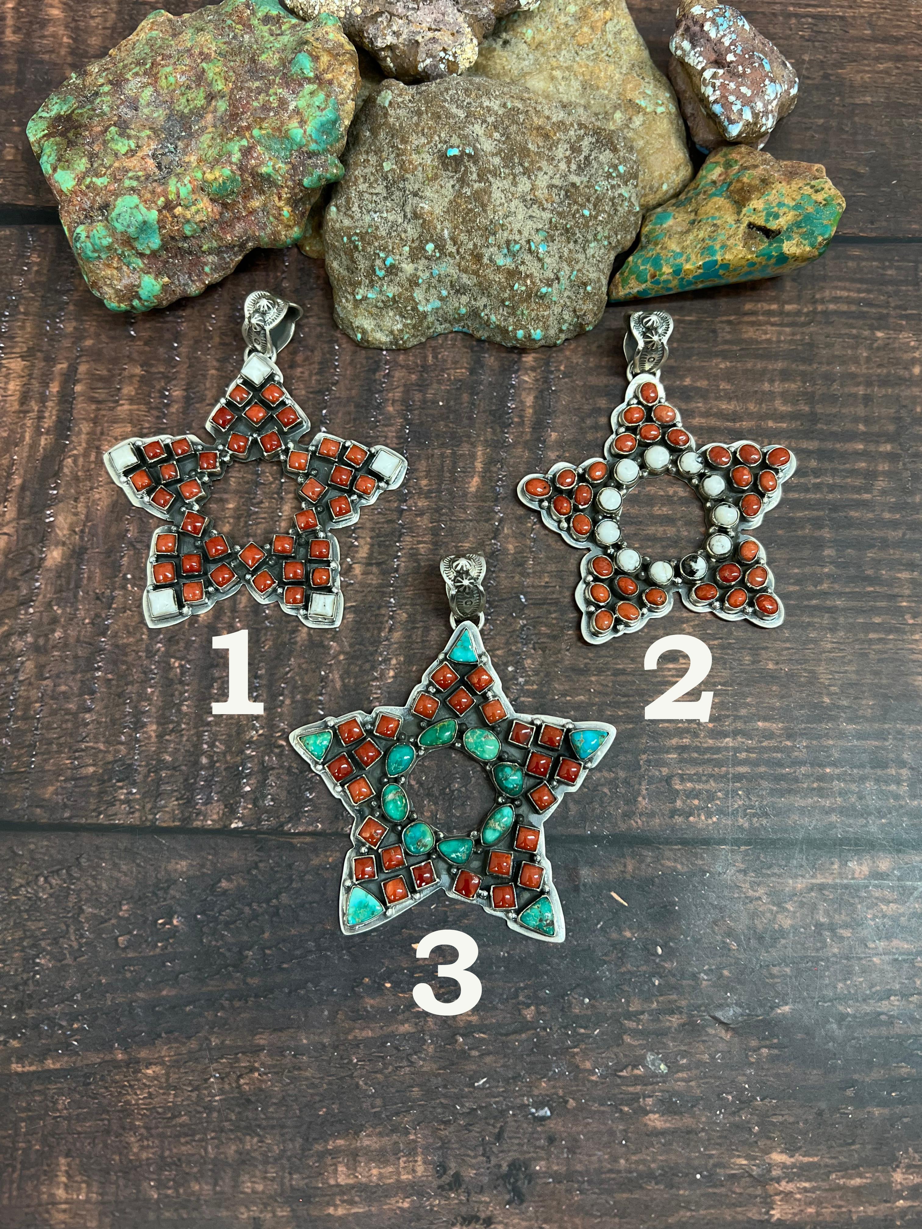 Handmade Sterling Silver Coral with White Buffalo and Emerald Valley Star Pendant, Signed Nizhoni
