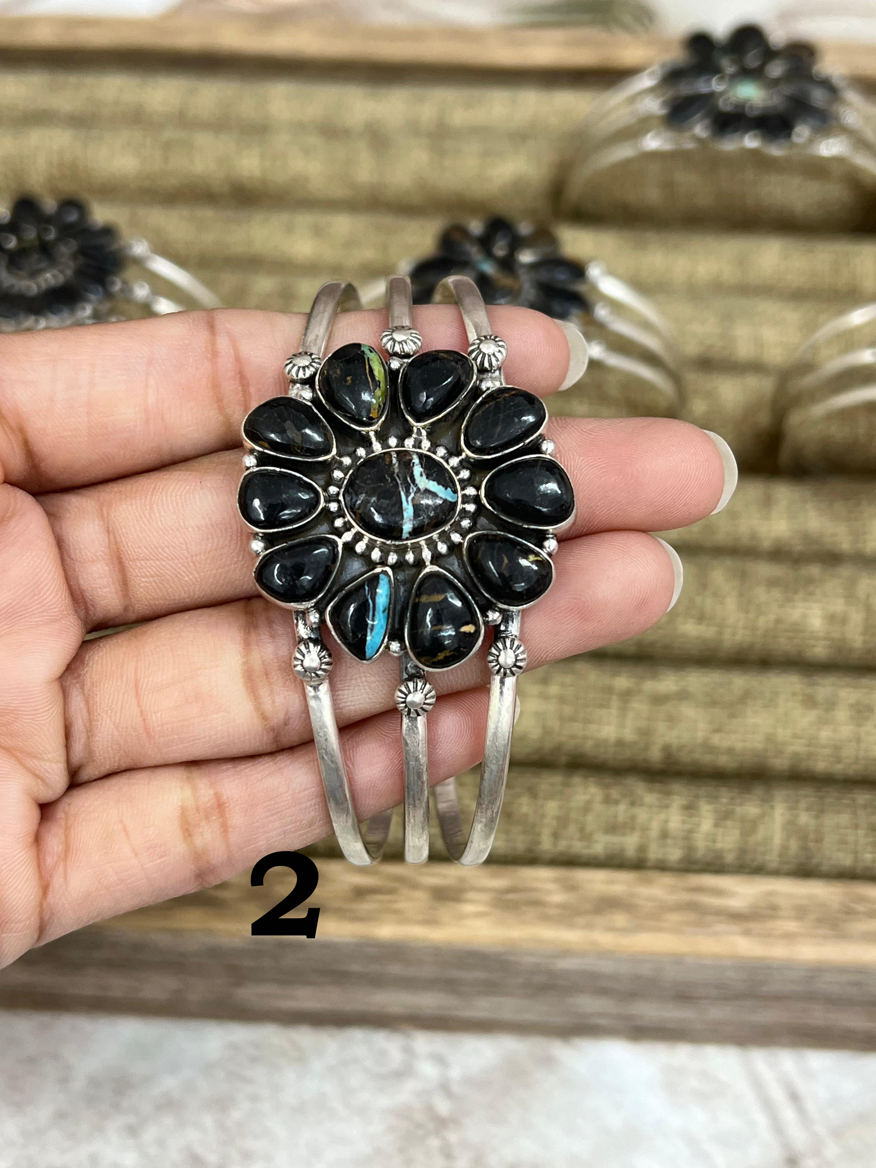 Handmade Sterling Silver Blackjack Turquoise Cuff Bracelet Signed Nizhoni