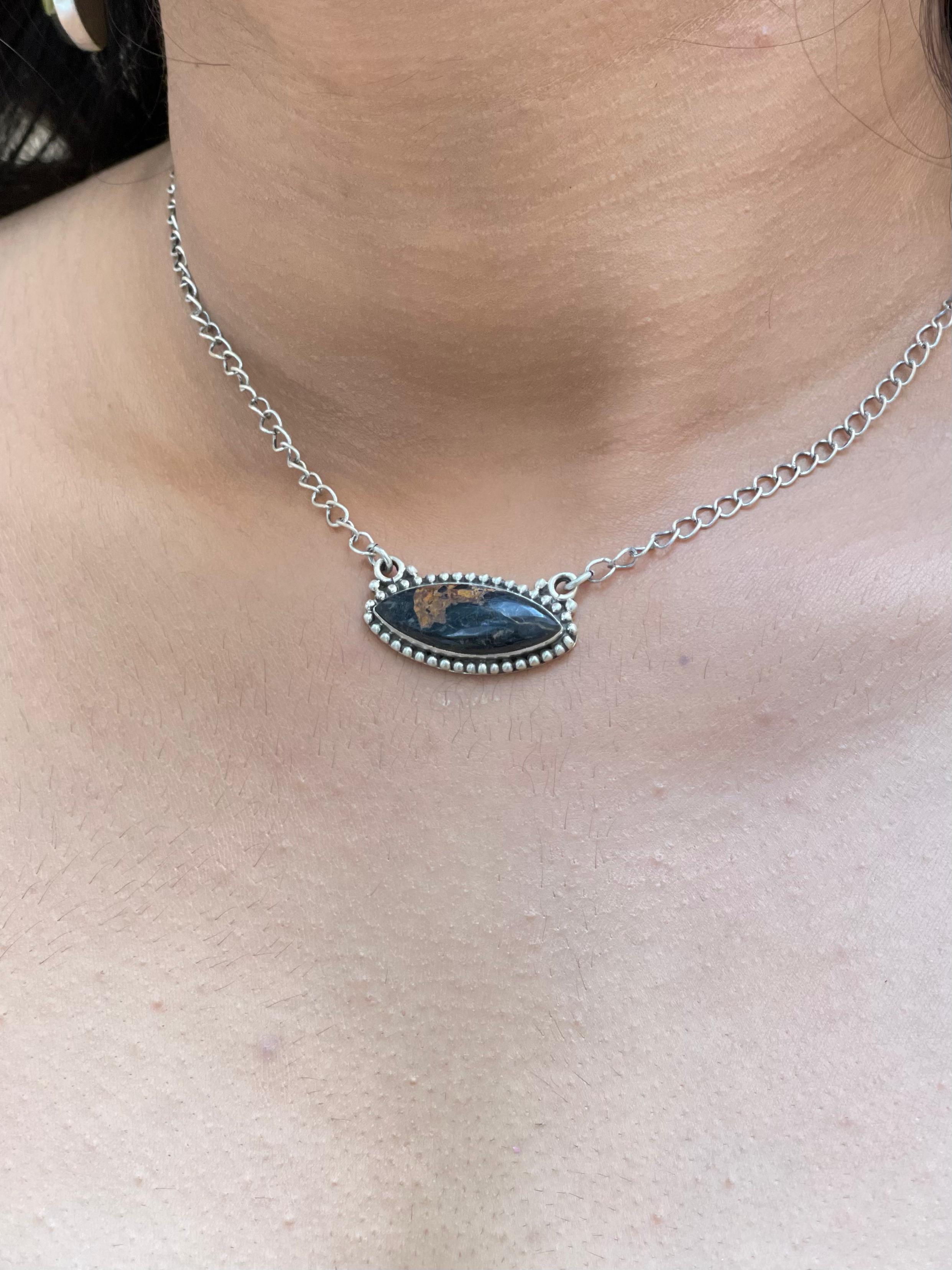 Handmade Sterling Silver Black Jack Necklace with Signed Nizhoni