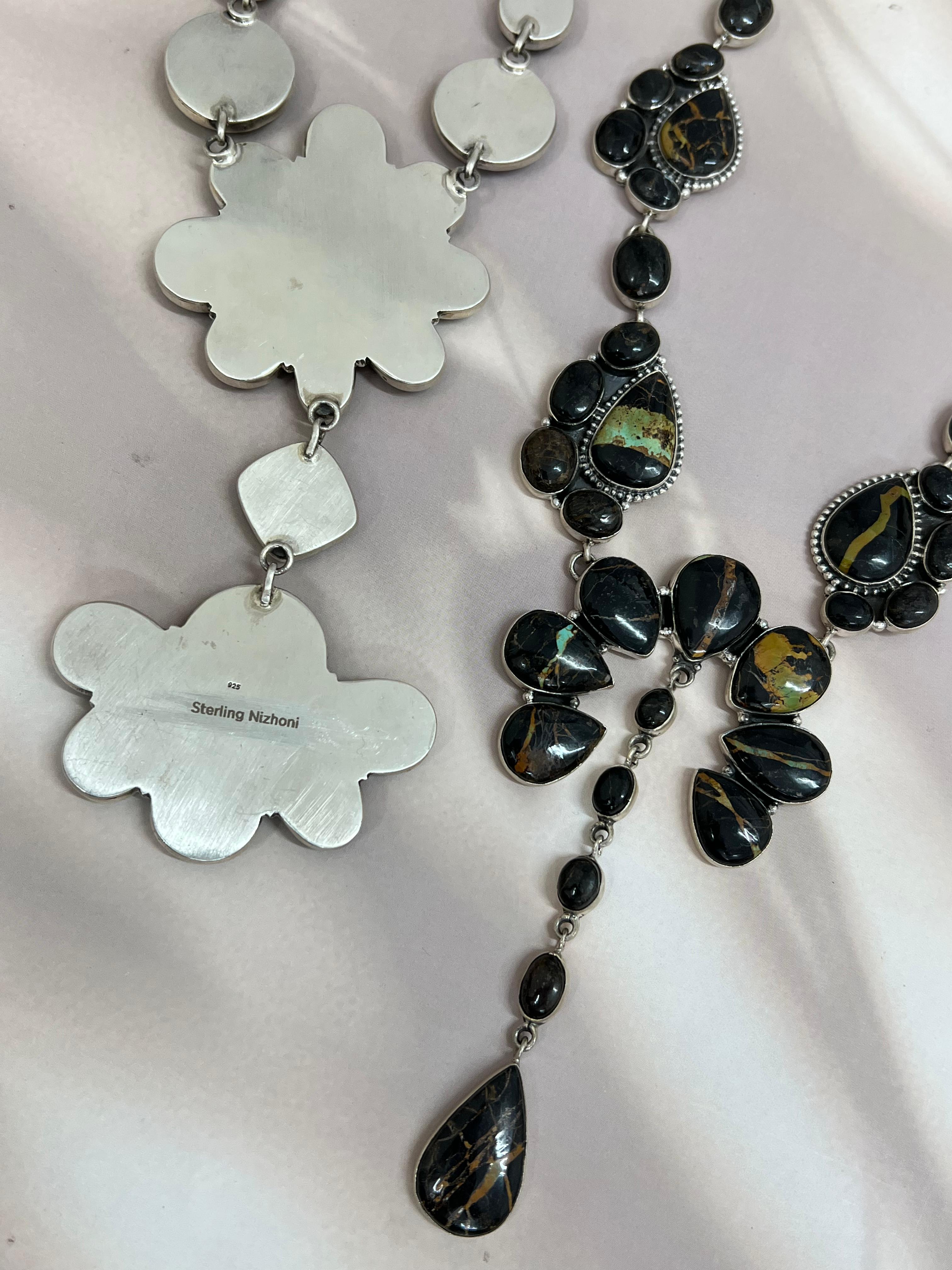 Handmade Sterling Silver Blackjack Turquoise Necklace Signed Nizhoni