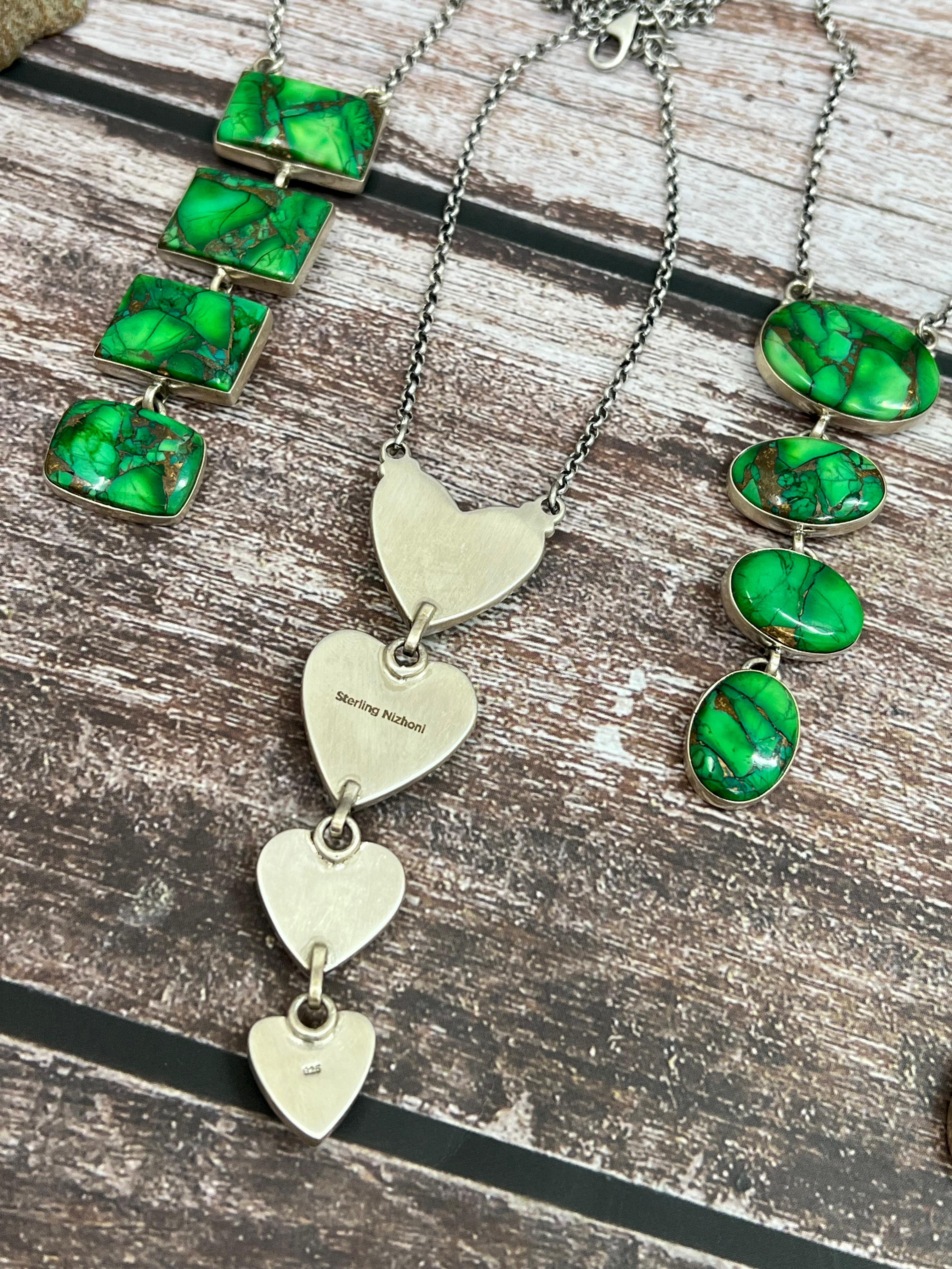 Handmade Sterling Silver Kelly Green Dahlia Necklace with Signed Nizhoni