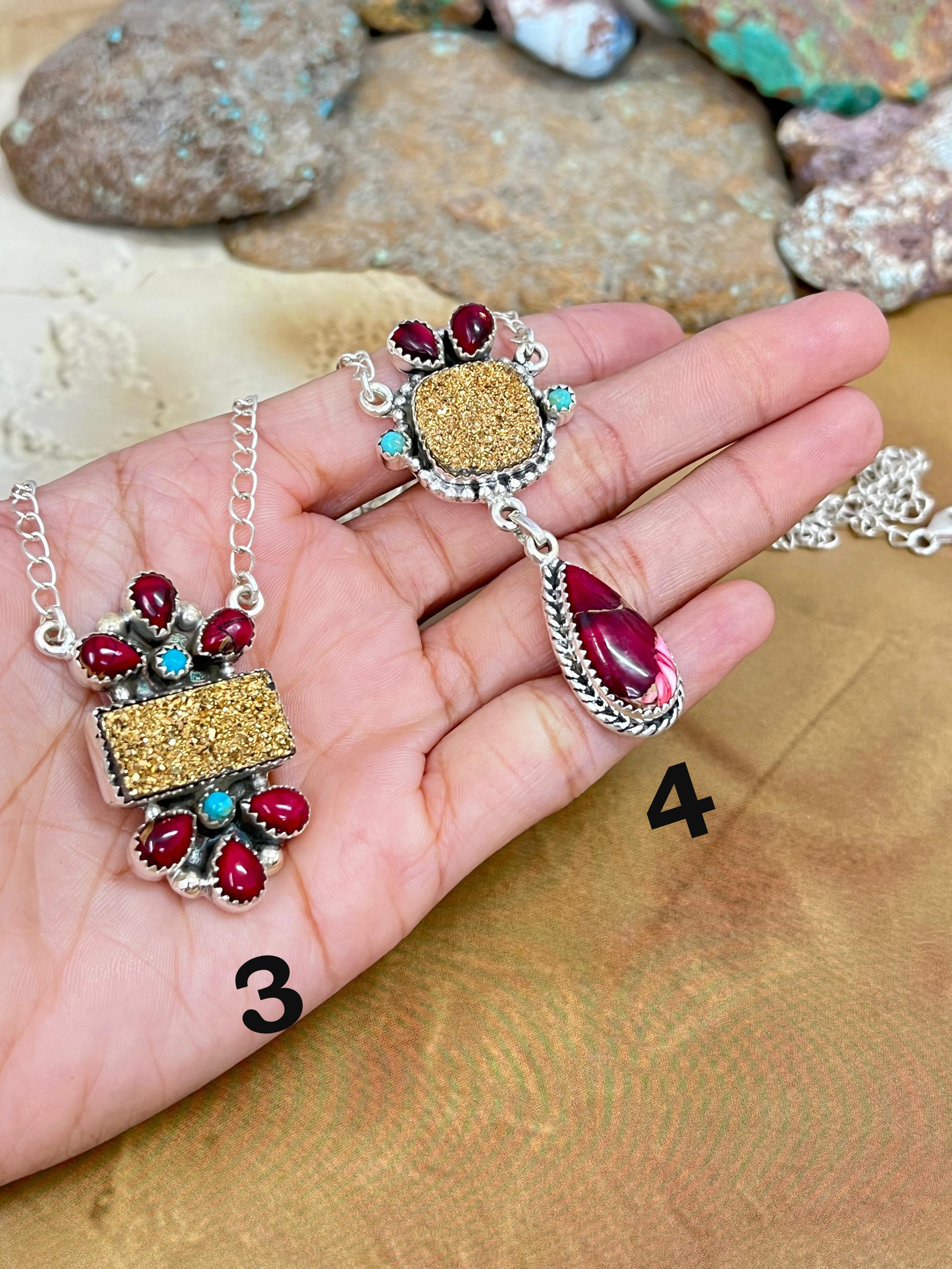 Handmade Sterling Silver Dahlia Rose with Druzy & Kingman Necklace, Signed Nizhoni