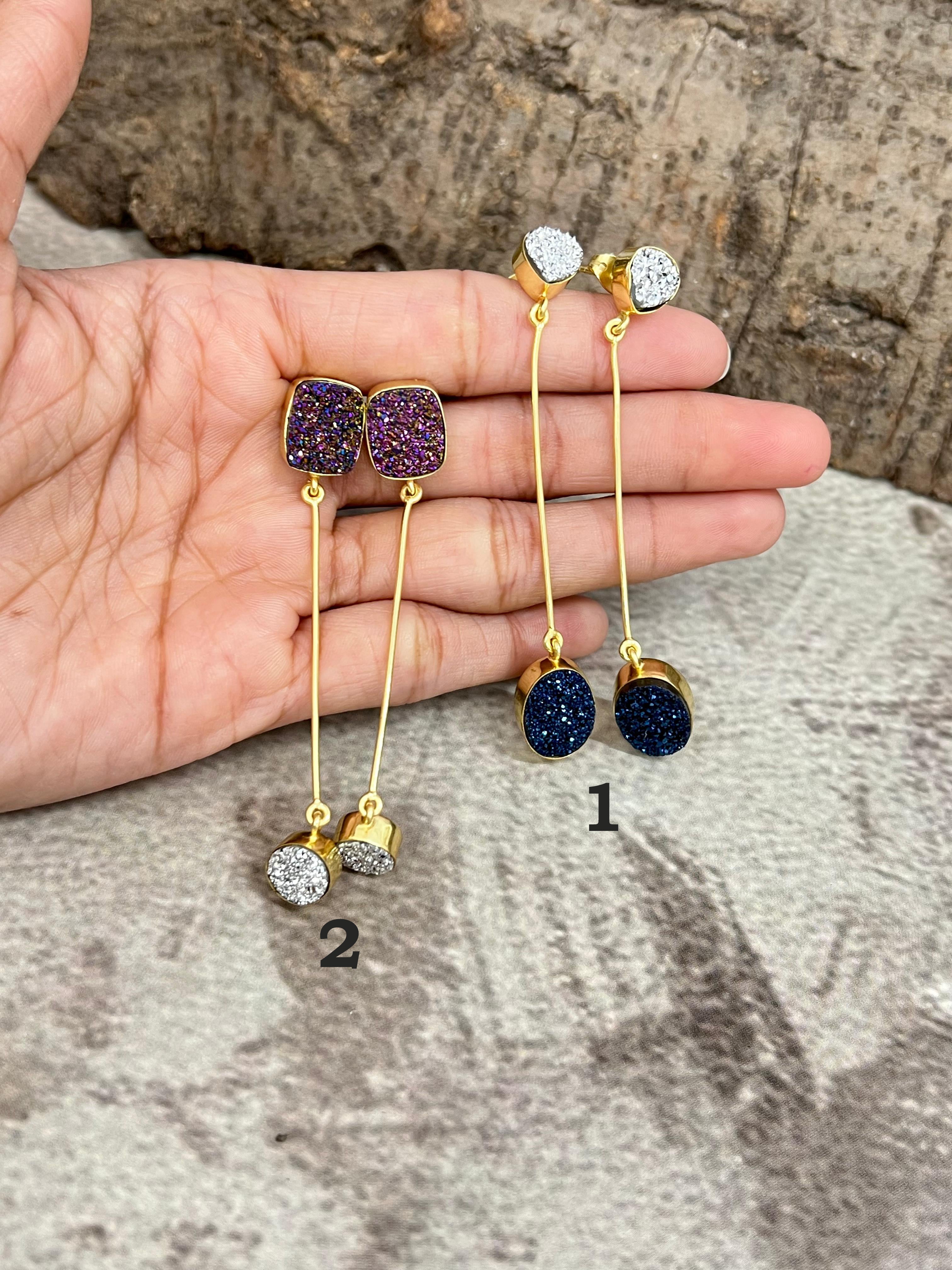 “The Boho Collection” Handmade Natural 2 Druzy Stone Post Dangle Earrings