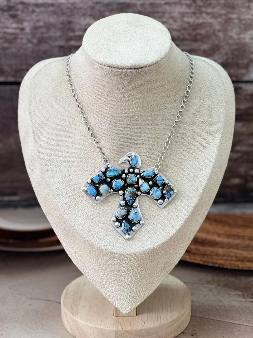 Handmade Sterling Silver Multi Stone Thunder Bird Necklace "Signed Nizhoni"