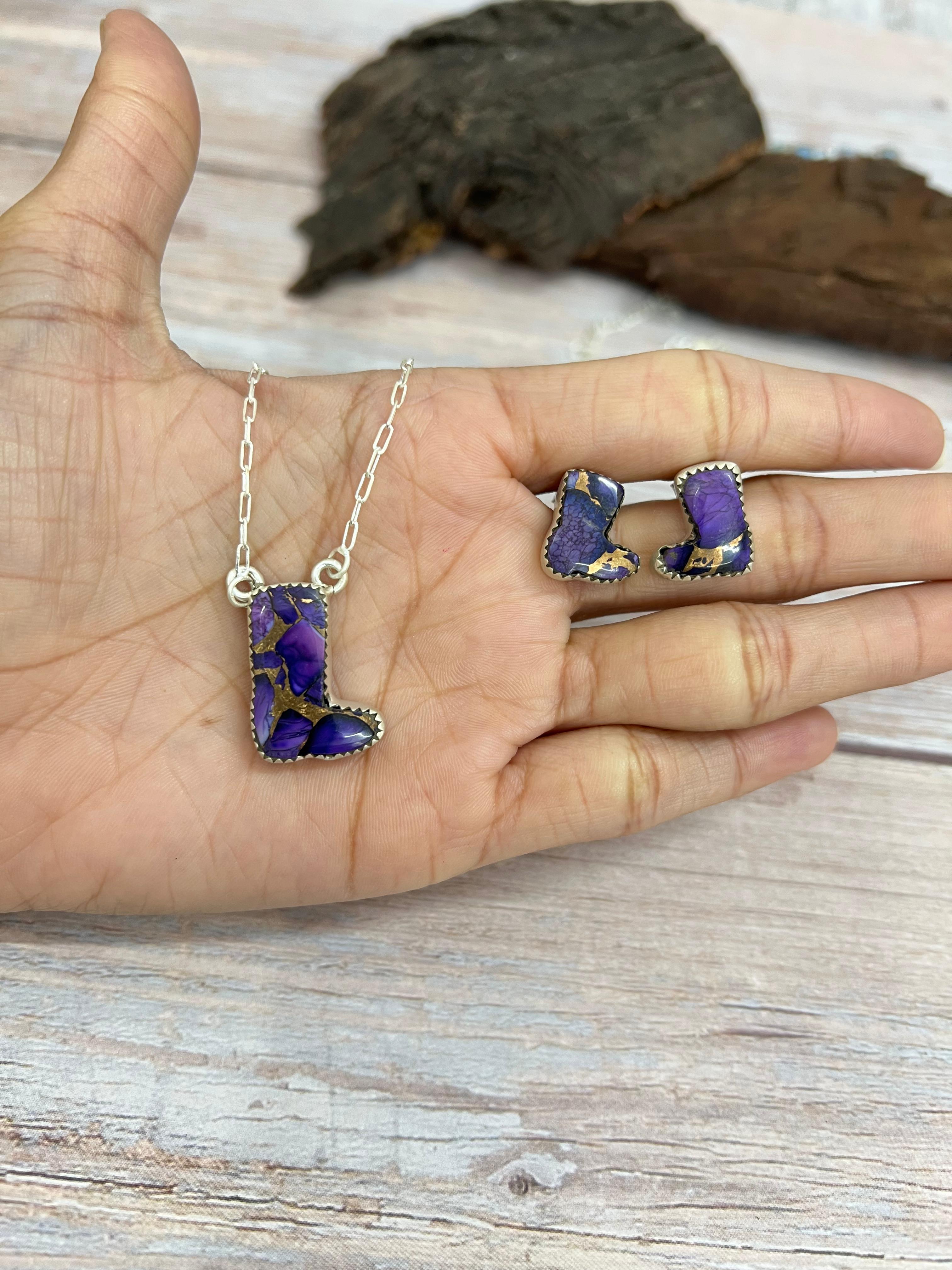 Handmade Sterling Silver Multi Stone Boot Necklace Earrings Set Signed Nizhoni