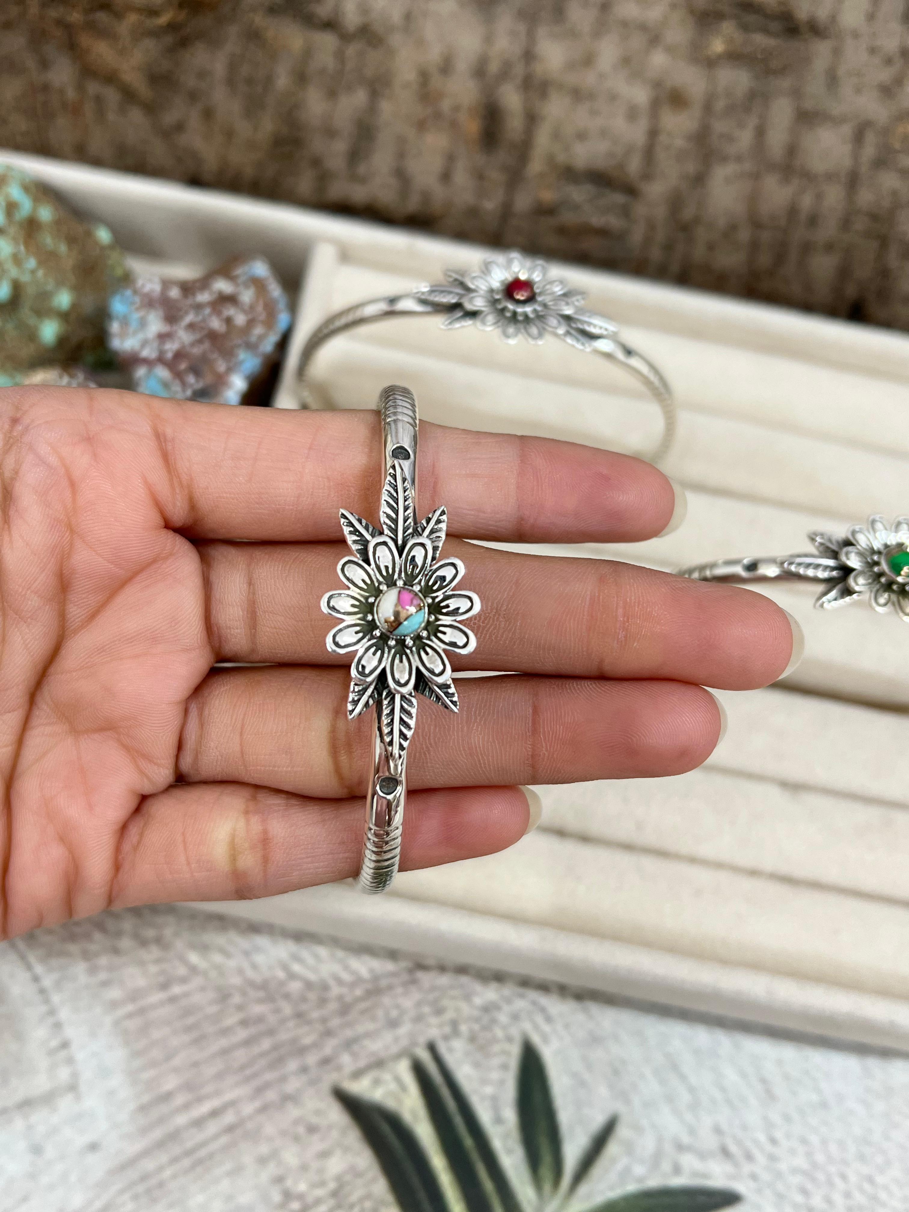 Handmade Sterling Silver Peacock Dahlia, Cotton Candy Turquoise, Dahlia Rose Cuff Bracelet with Signed Nizhoni (4)