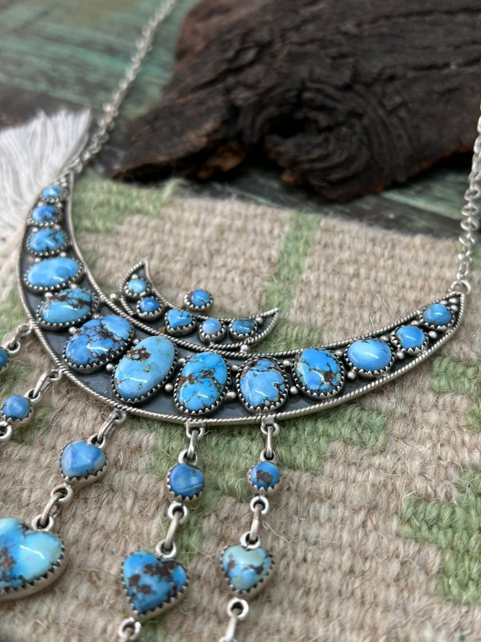 Handmade Sterling Silver Golden Hills Turquoise Choker Moon Necklace "Signed Nizhoni"