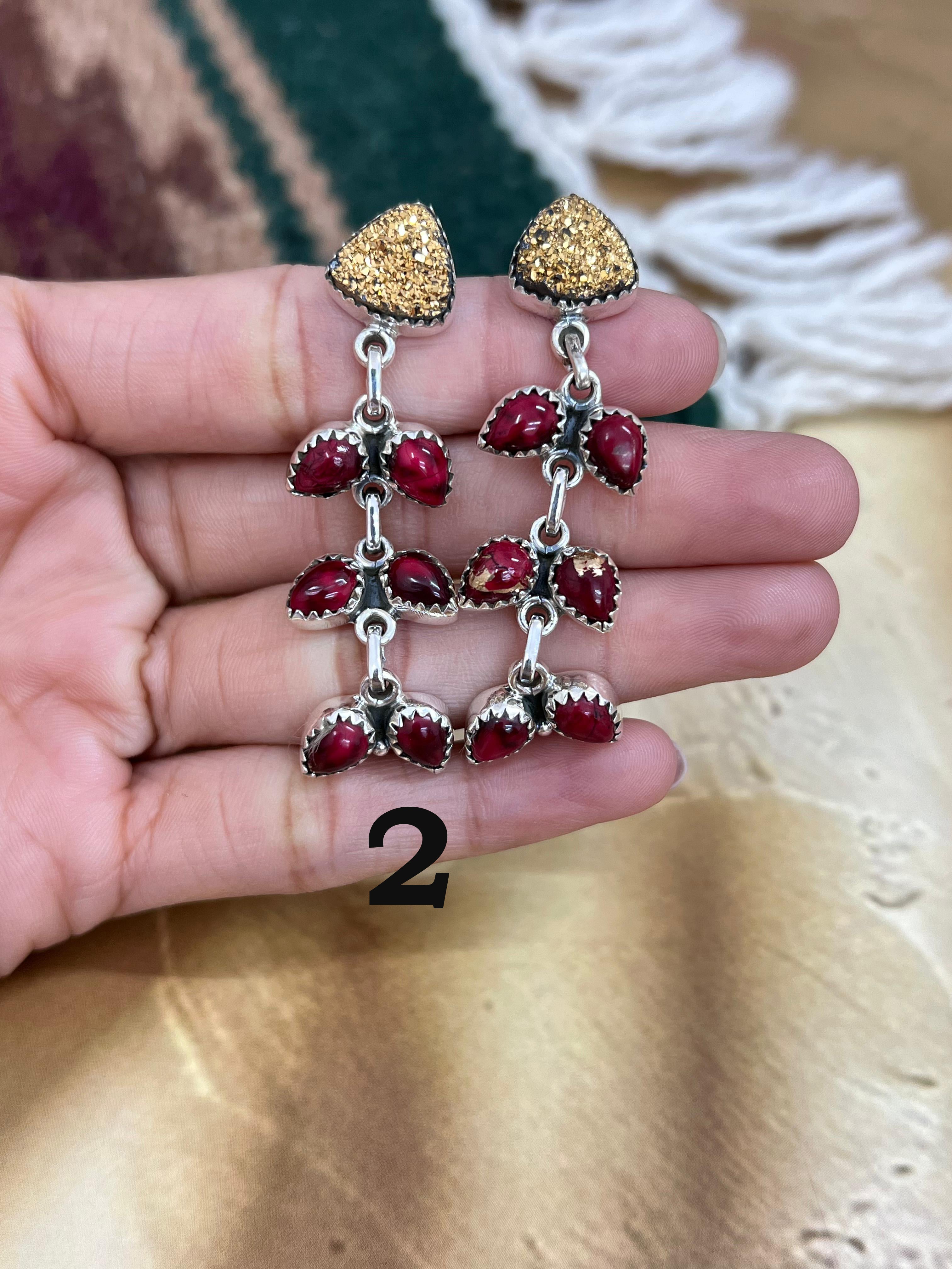 Handmade Sterling Silver Dahlia Rose with Druzy Dangle Earrings, Signed Nizhoni
