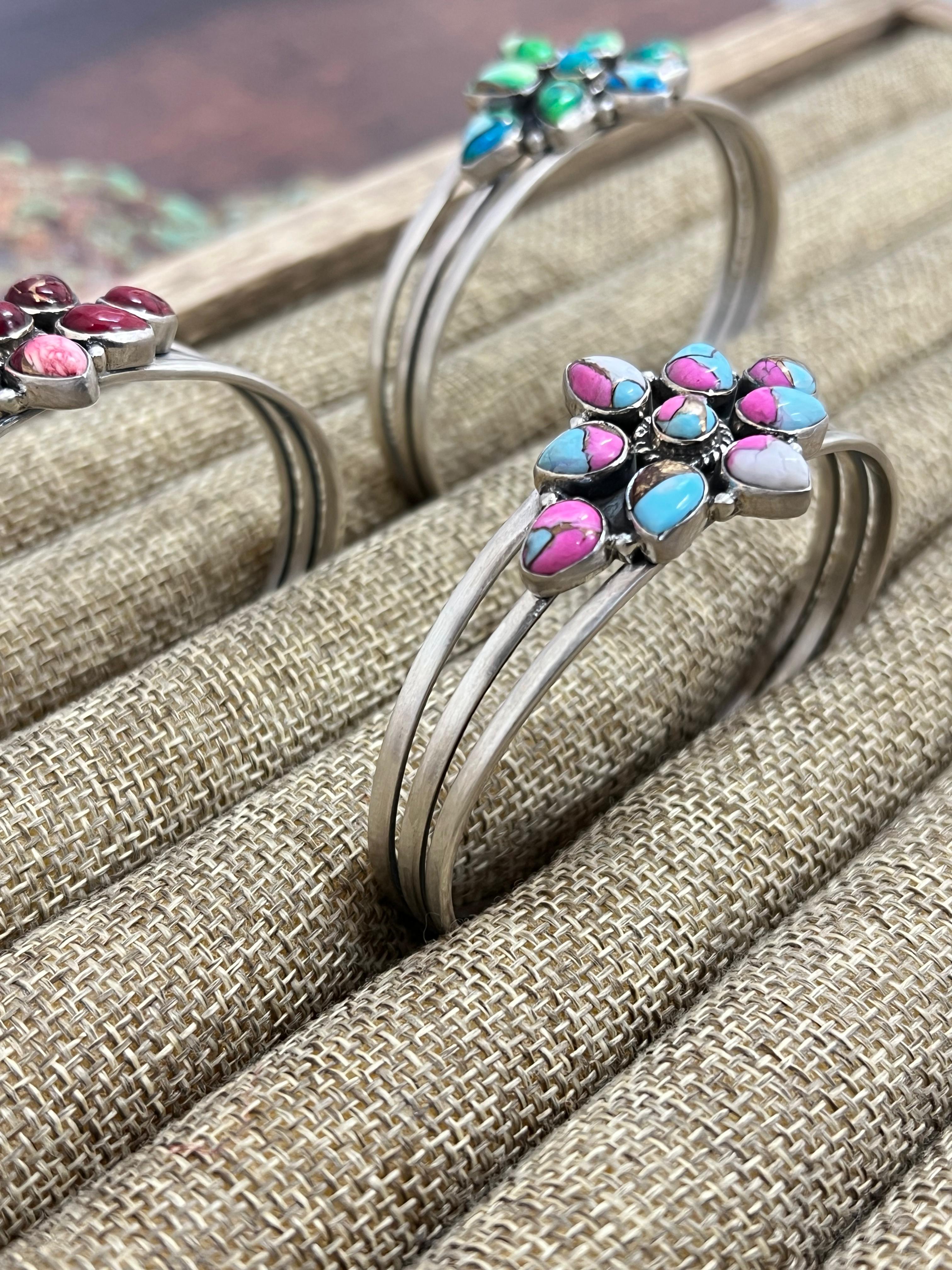 Handmade Sterling Silver Peacock Dahlia, Dahlia Rose, Cotton Candy Turquoise Cuff Bracelet with Signed Nizhoni