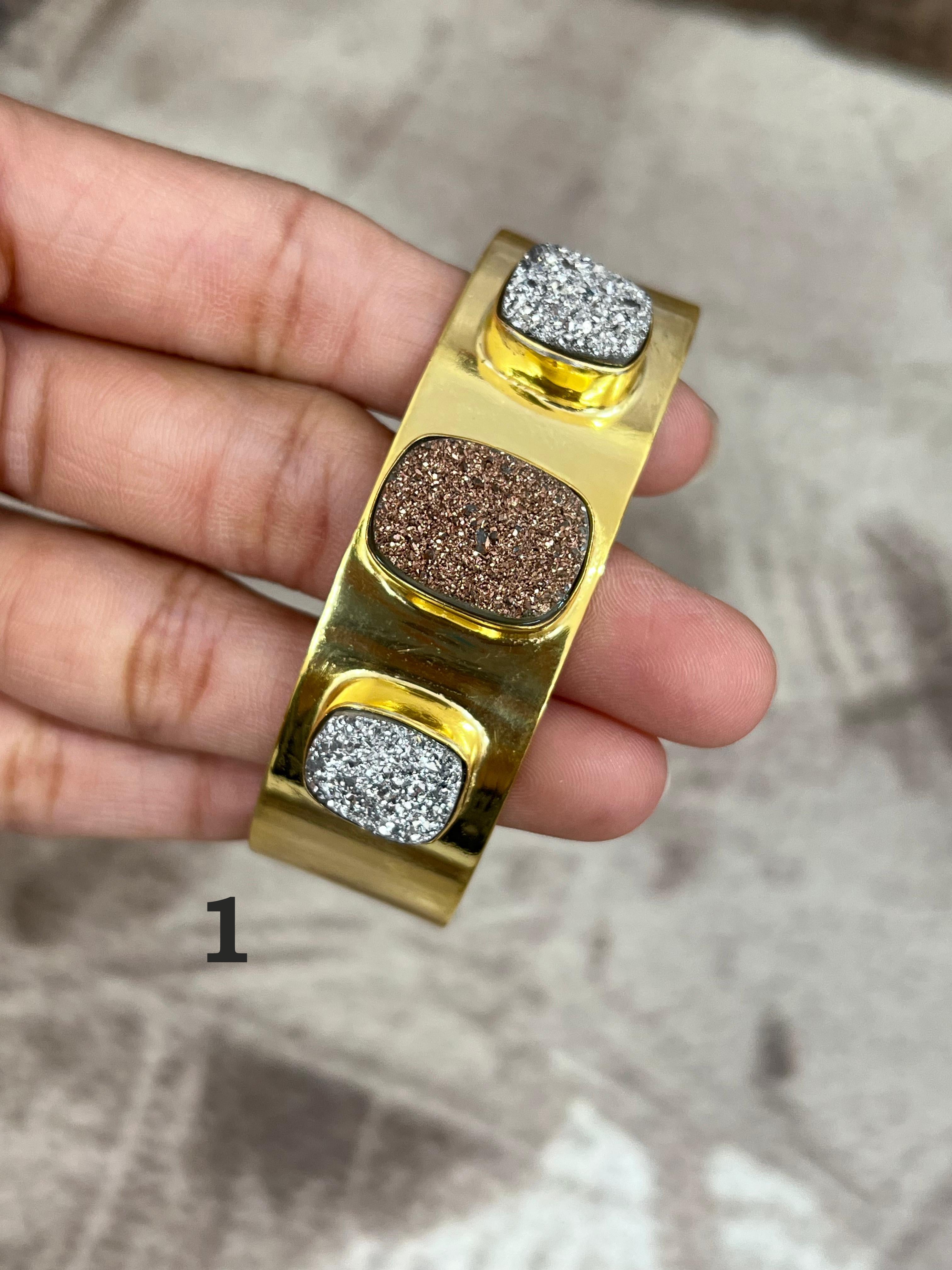 “The Boho Collection” Handmade Natural Gold Plated 3 Stone Druzy Cuff Bracelet