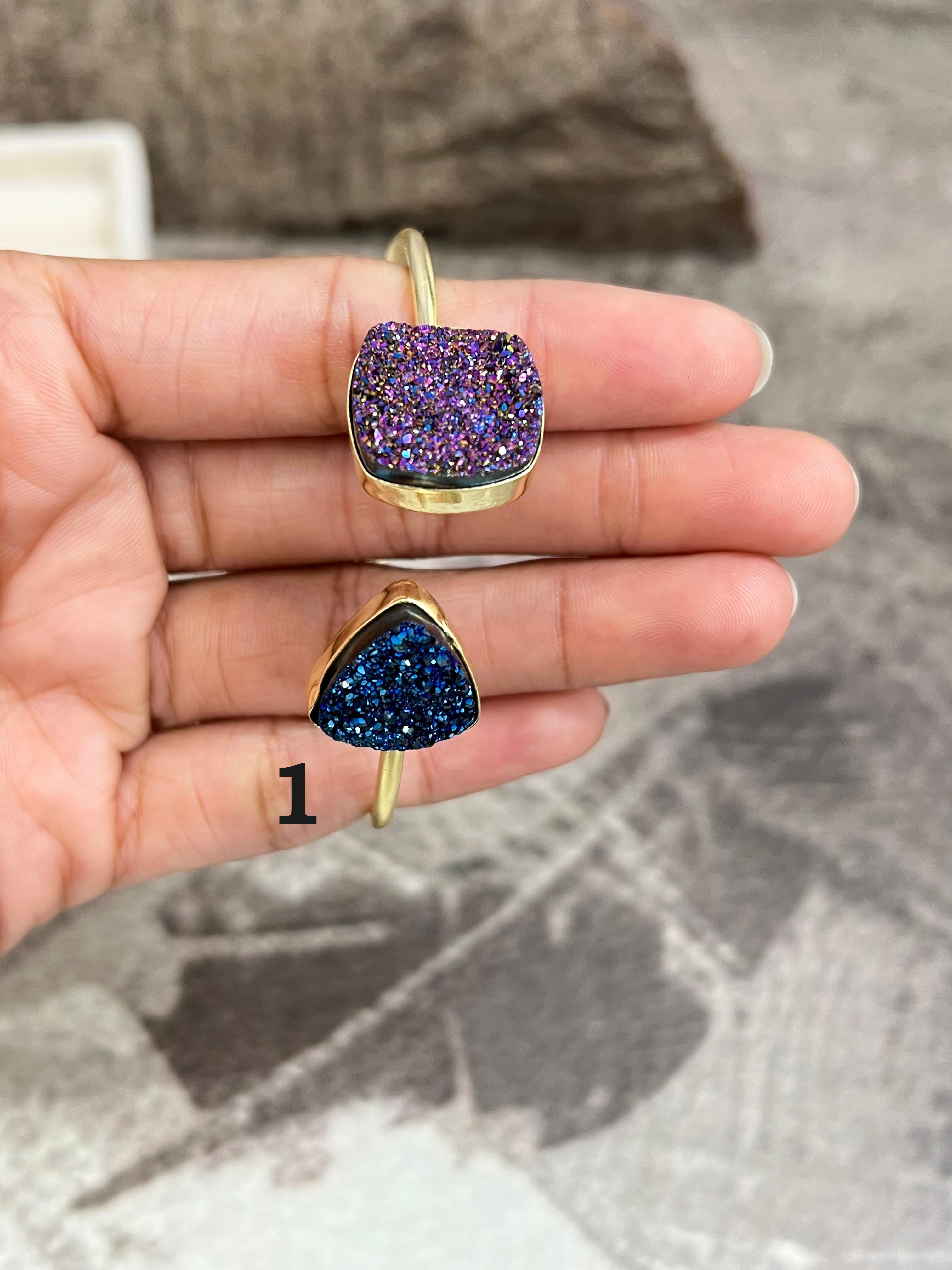 “The Boho Collection” Handmade Natural Gold Plated 2 Stone Druzy Cuff Bracelet