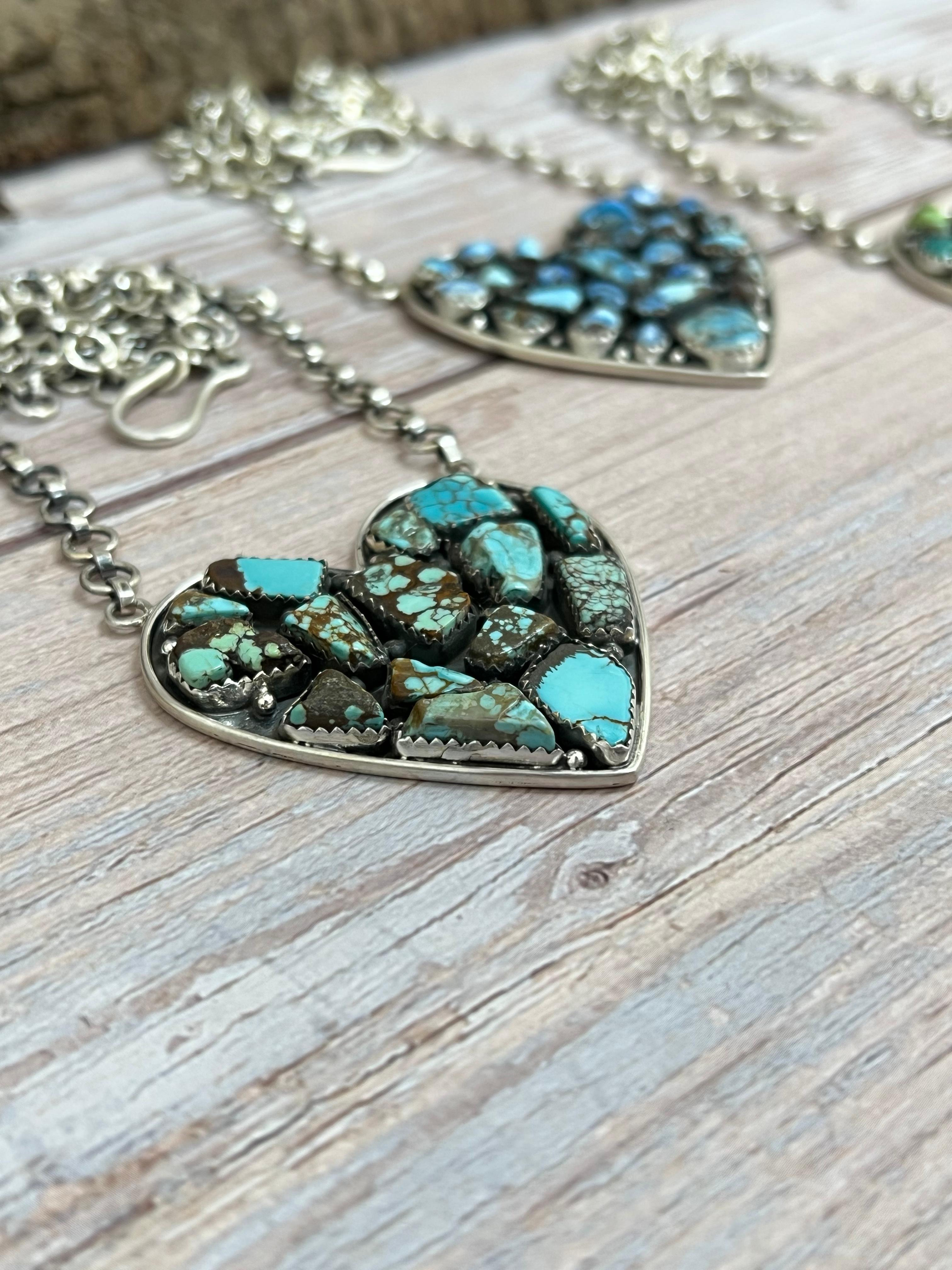 Handmade Sterling Silver Multi Stone Heart Necklace with Signed Nizhoni