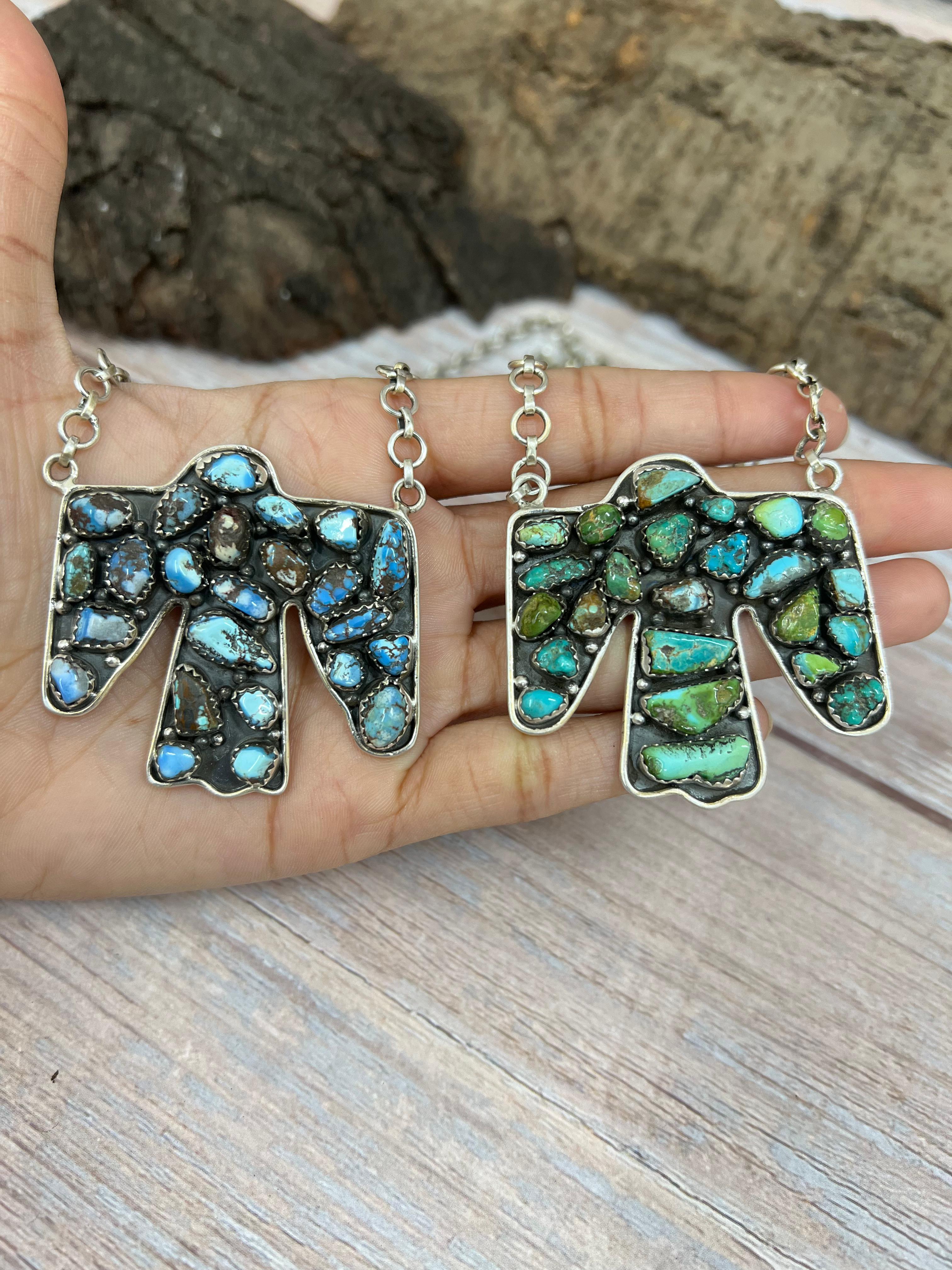 Handmade Sterling Silver Multi Stone Thunder Bird Necklace with Signed Nizhoni