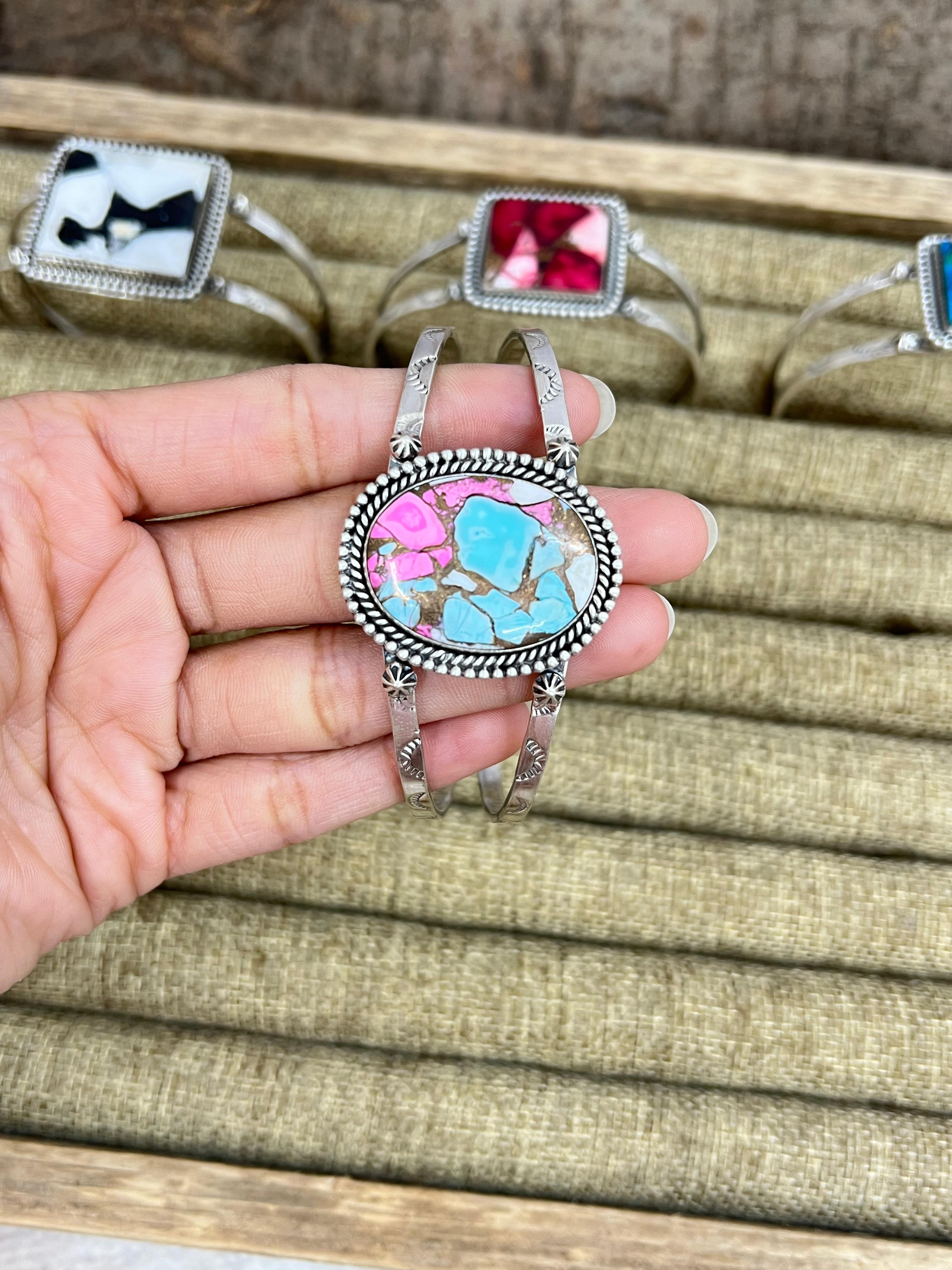 Handmade Sterling Silver Multi Stone Cuff Bracelet with Signed Nizhoni (1)