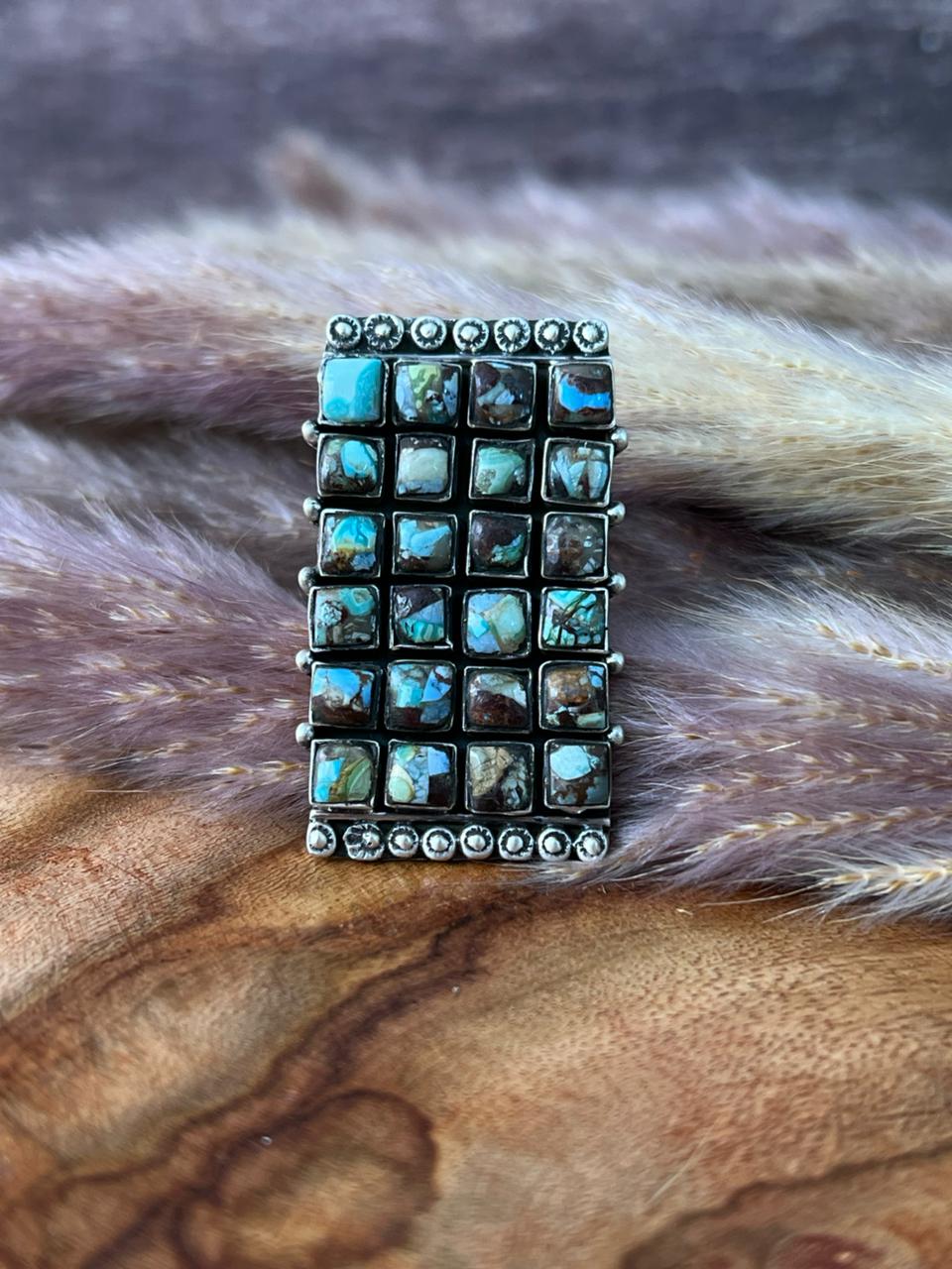 Handmade Sterling Silver Matrix Golden Hills Turquoise Adjustable Ring "Signed Nizhoni"