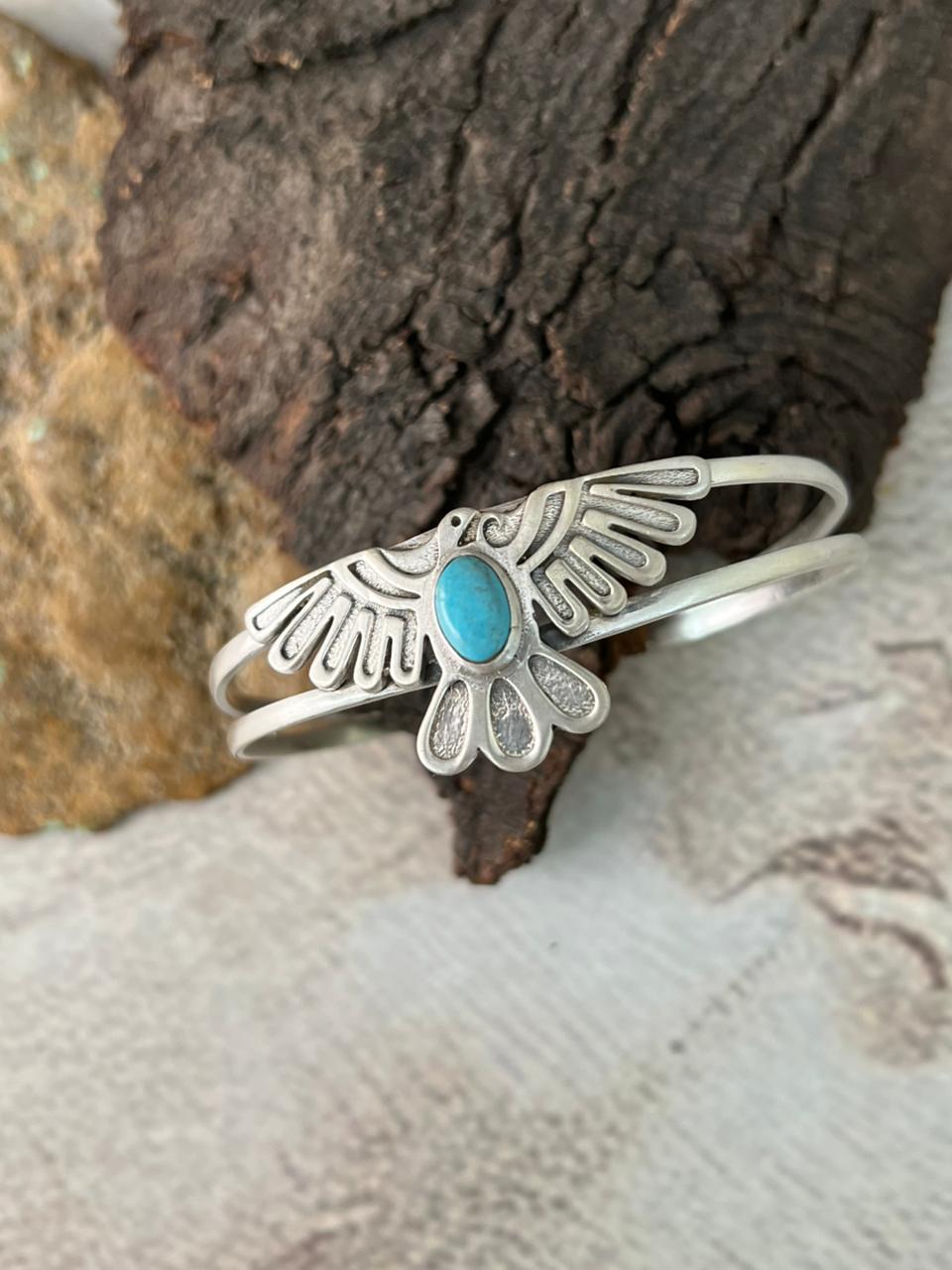 Handmade Sterling Silver Kingman Turquoise Thunderbird Cuff Bracelet "Signed Nizhoni"