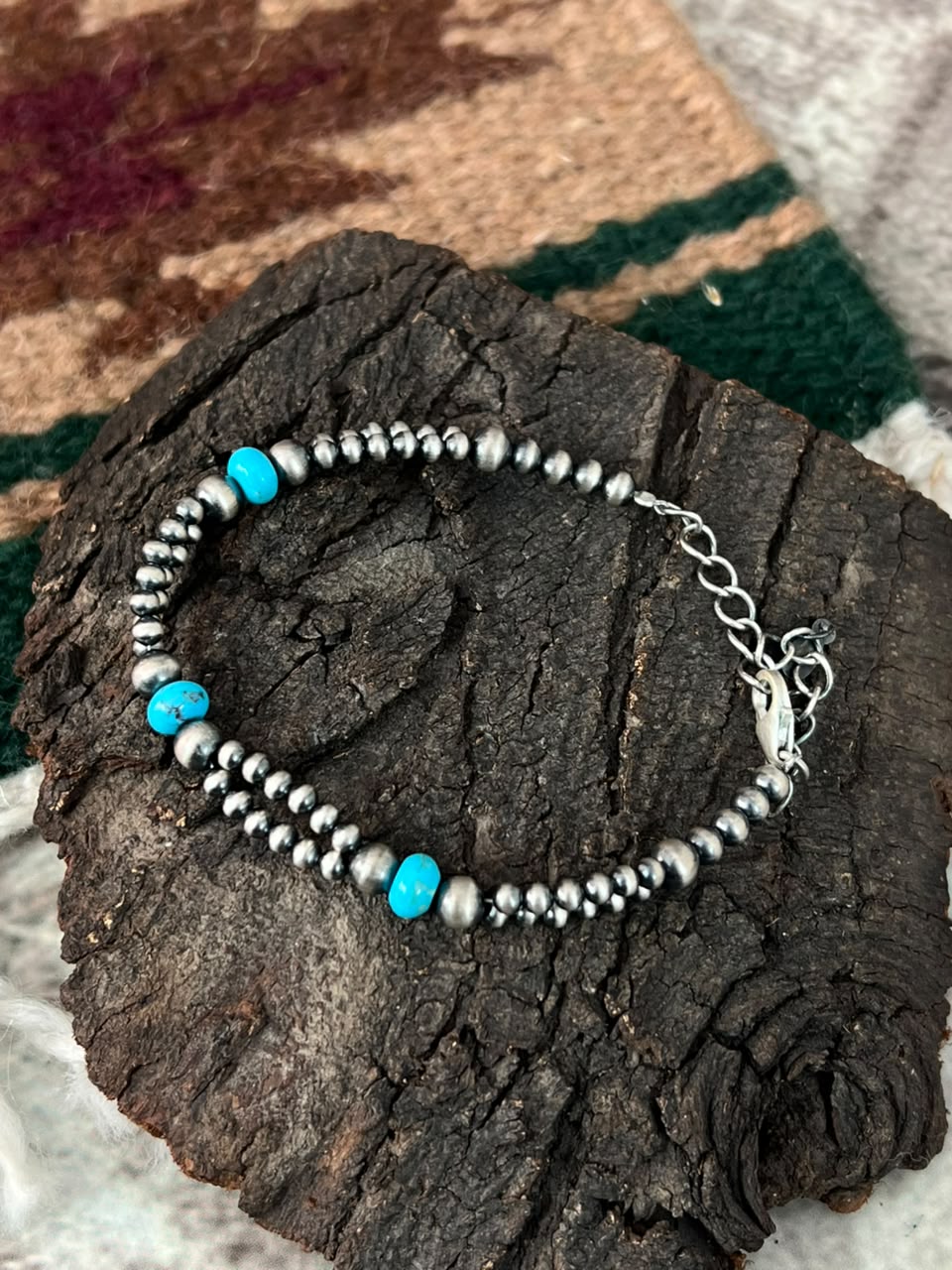 Handmade Sterling Silver Beaded Kingman Turquoise Chain Bracelet Signed Nizhoni