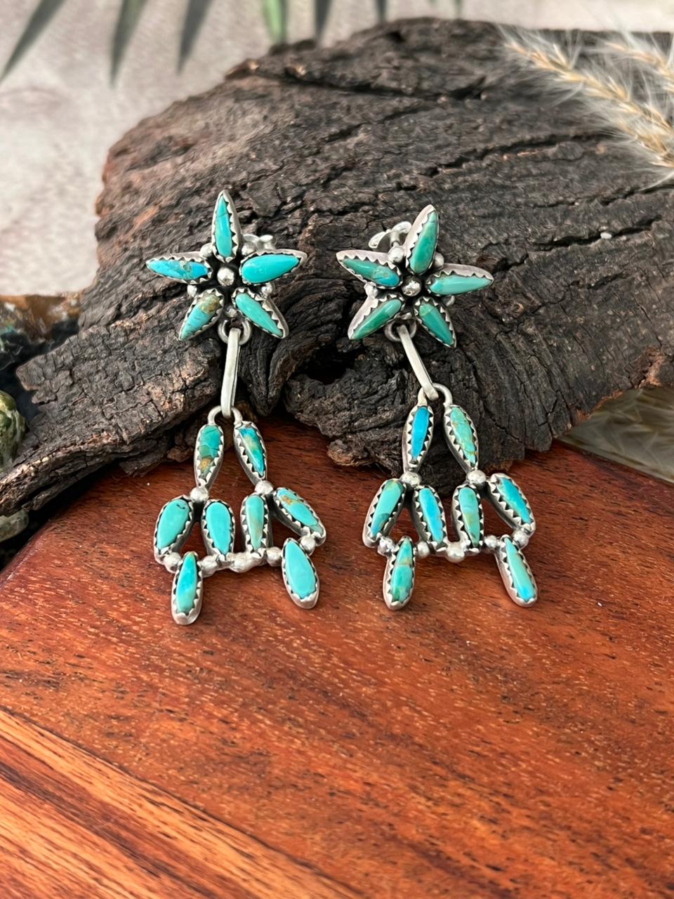 Handmade Sterling Silver Kingman Turquoise Post Dangle Earrings "Signed Nizhoni"