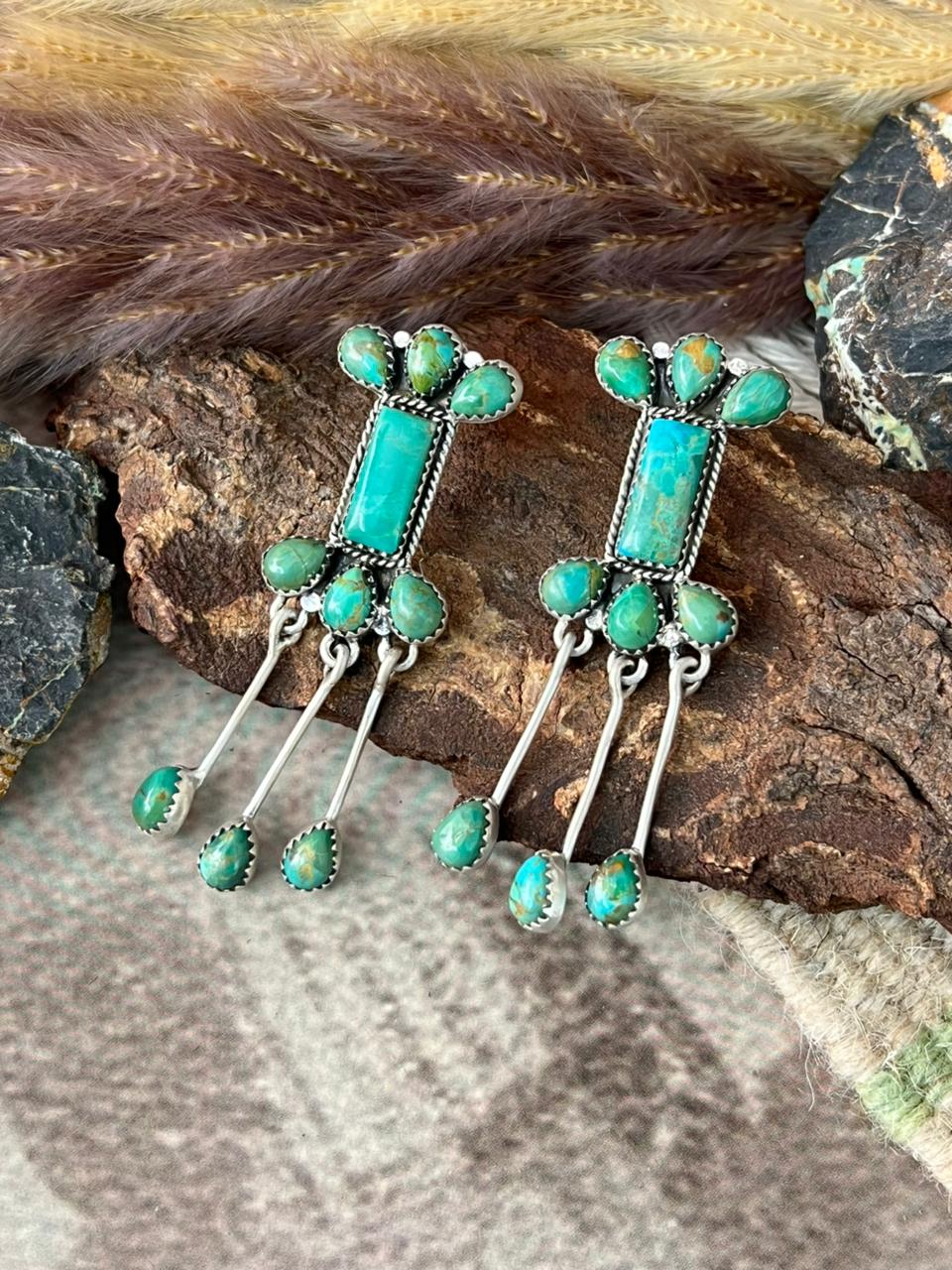 Handmade Sterling Silver Kingman Turquoise Post Dangle Earrings "Signed Nizhoni"