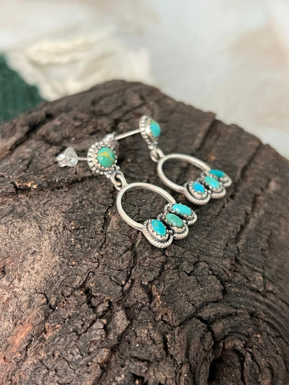Handmade Sterling Silver Kingman Turquoise Post Dangle Hoop Earrings "Signed Nizhoni"