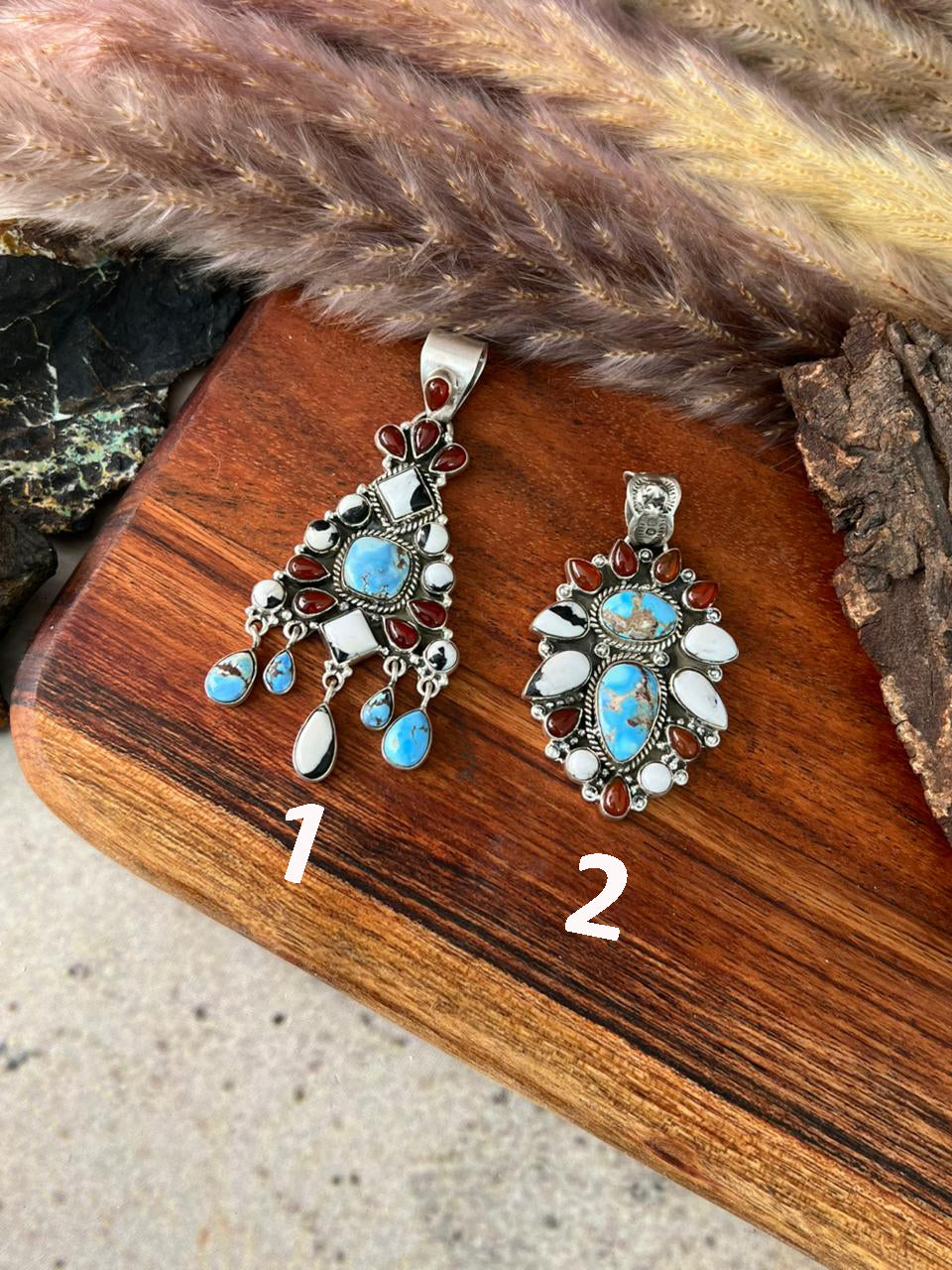 Handmade Sterling Silver Canyon Sunset Collection: Golden Hills Turquoise with White Buffalo and Carnelian Pendant "Signed Nizhoni"