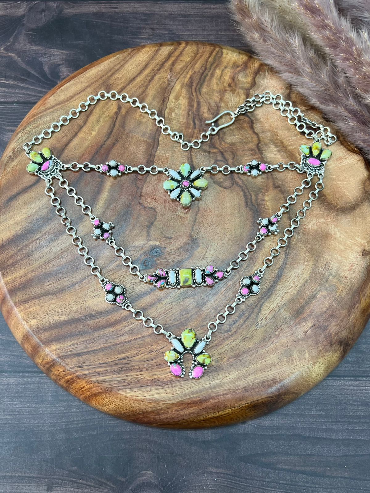 Handmade Sterling Silver Spring Collection: Kingman Turquoise with Cotton Candy and White Buffalo Layerd Necklace "Signed Nizhoni"