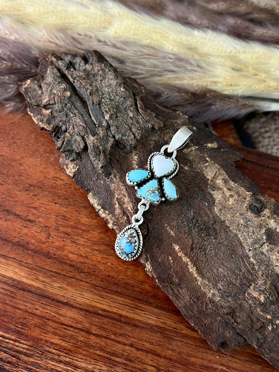 Handmade Sterling Silver Canyon Sunset Collection: Golden Hills Turquoise with White Buffalo Pendant "Signed Nizhoni" (4)
