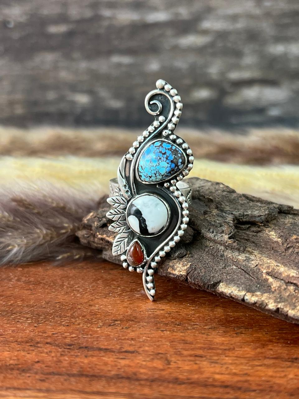 Handmade Sterling Silver Canyon Sunset Collection: Golden Hills Turquoise with White Buffalo and Carnelian Adjustable Ring "Signed Nizhoni"