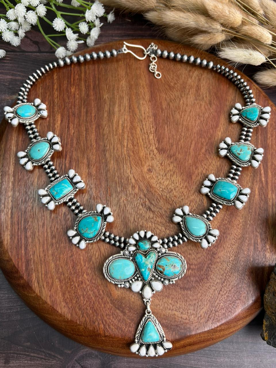 Handmade Sterling Silver Kingman Turquoise with White Buffalo Beaded Necklace "Signed Nizhoni"
