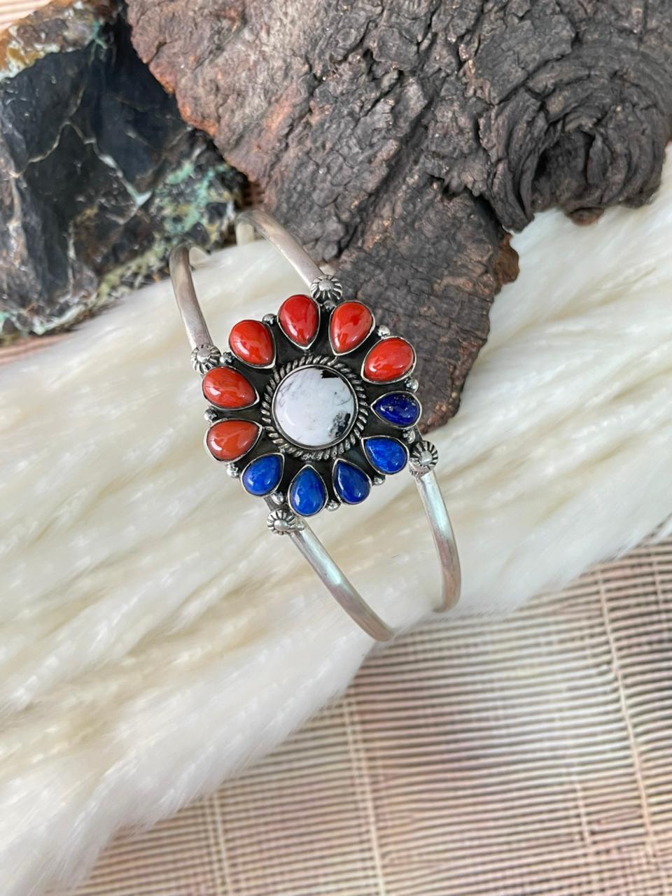Handmade Sterling Silver 4th Of July Collection: Coral with Lapis and White Buffalo Cuff Bracelet "Signed Nizhoni"